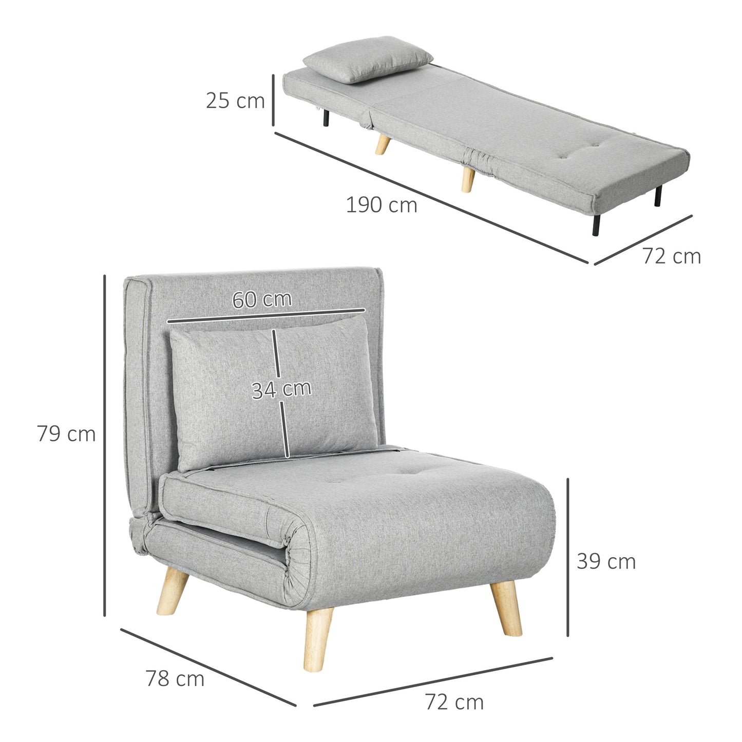 HOMCOM Sofá Cama Individual Sillón Cama Plegable Tapizado en Lino Sintético con Respaldo Ajustable en 6 Posiciones y Almohada Sofá Cama para Salón 72x78x79 cm Gris