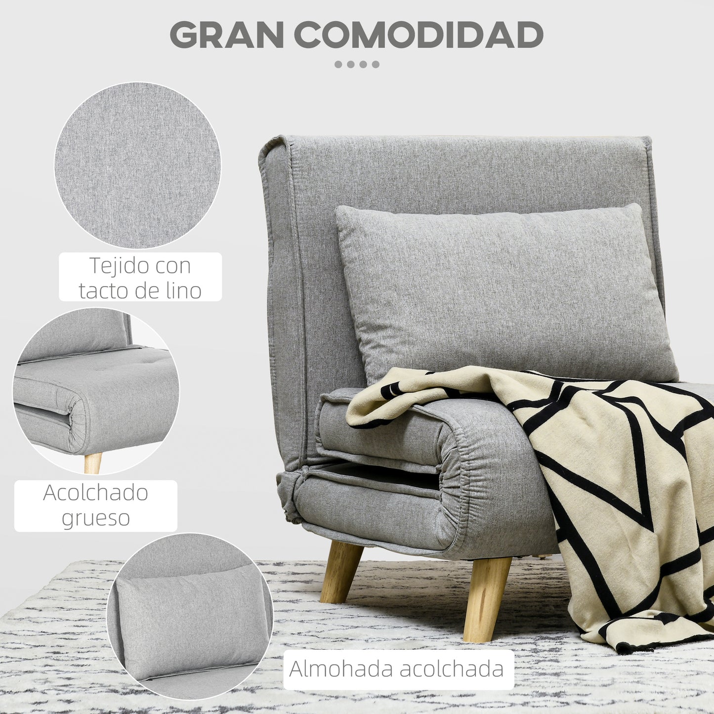 HOMCOM Sofá Cama Individual Sillón Cama Plegable Tapizado en Lino Sintético con Respaldo Ajustable en 6 Posiciones y Almohada Sofá Cama para Salón 72x78x79 cm Gris