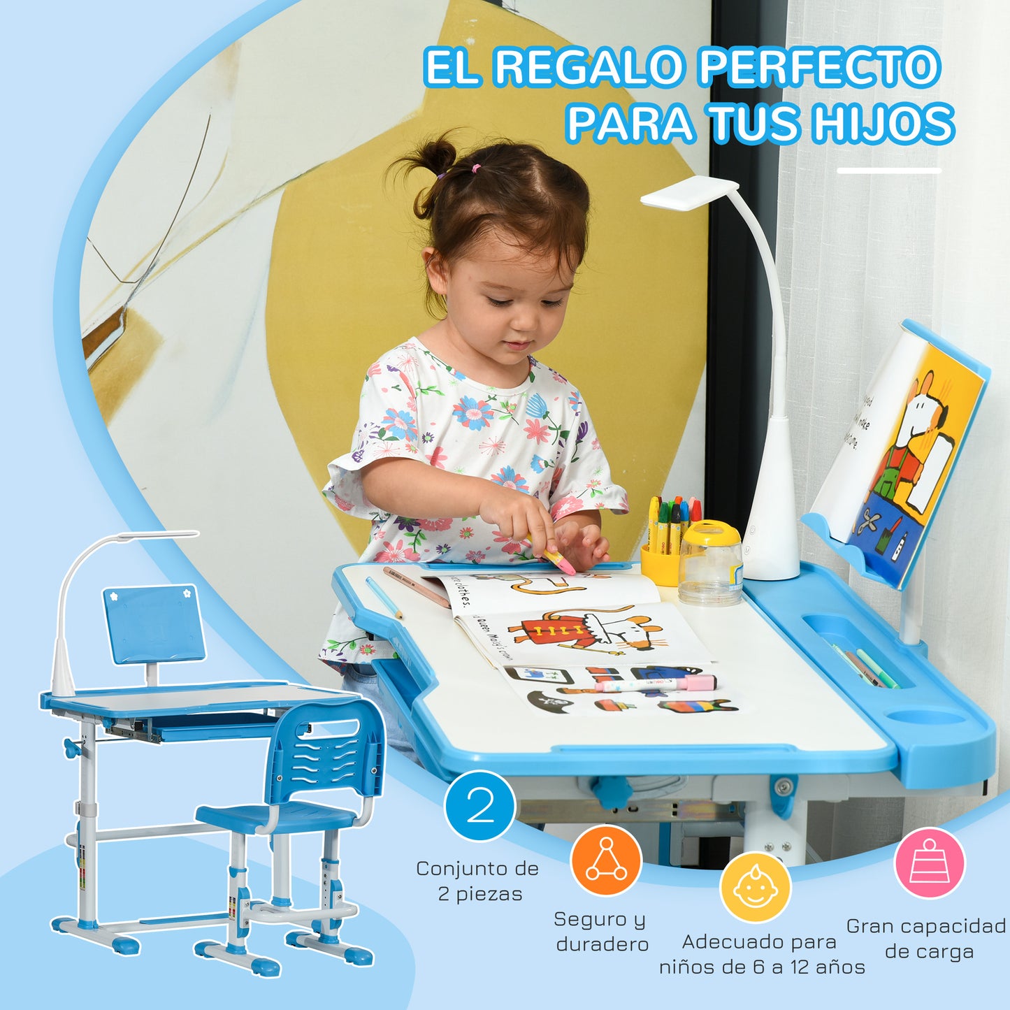 HOMCOM Juego de Escritorio y Silla para Niños de +6 Años Pupitre Infantil con Altura Ajustable Mesa Inclinable Cajón Lámpara LED y Portalápices 80x49,5x82-104 cm y 35,5x43,5x63-73 cm Azul