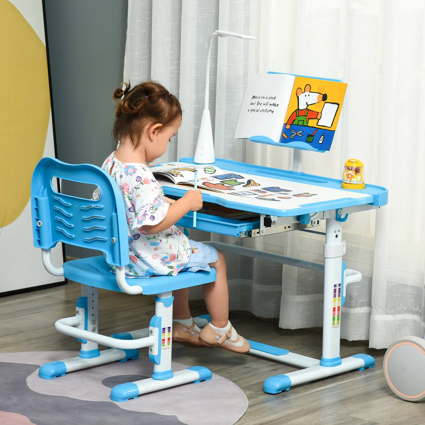 HOMCOM Juego de Escritorio y Silla para Niños de +6 Años Pupitre Infantil con Altura Ajustable Mesa Inclinable Cajón Lámpara LED y Portalápices 80x49,5x82-104 cm y 35,5x43,5x63-73 cm Azul