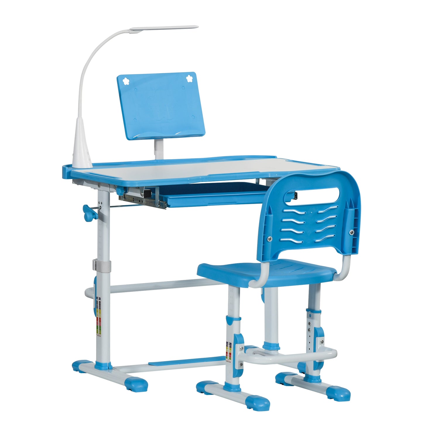 HOMCOM Juego de Escritorio y Silla para Niños de +6 Años Pupitre Infantil con Altura Ajustable Mesa Inclinable Cajón Lámpara LED y Portalápices 80x49,5x82-104 cm y 35,5x43,5x63-73 cm Azul