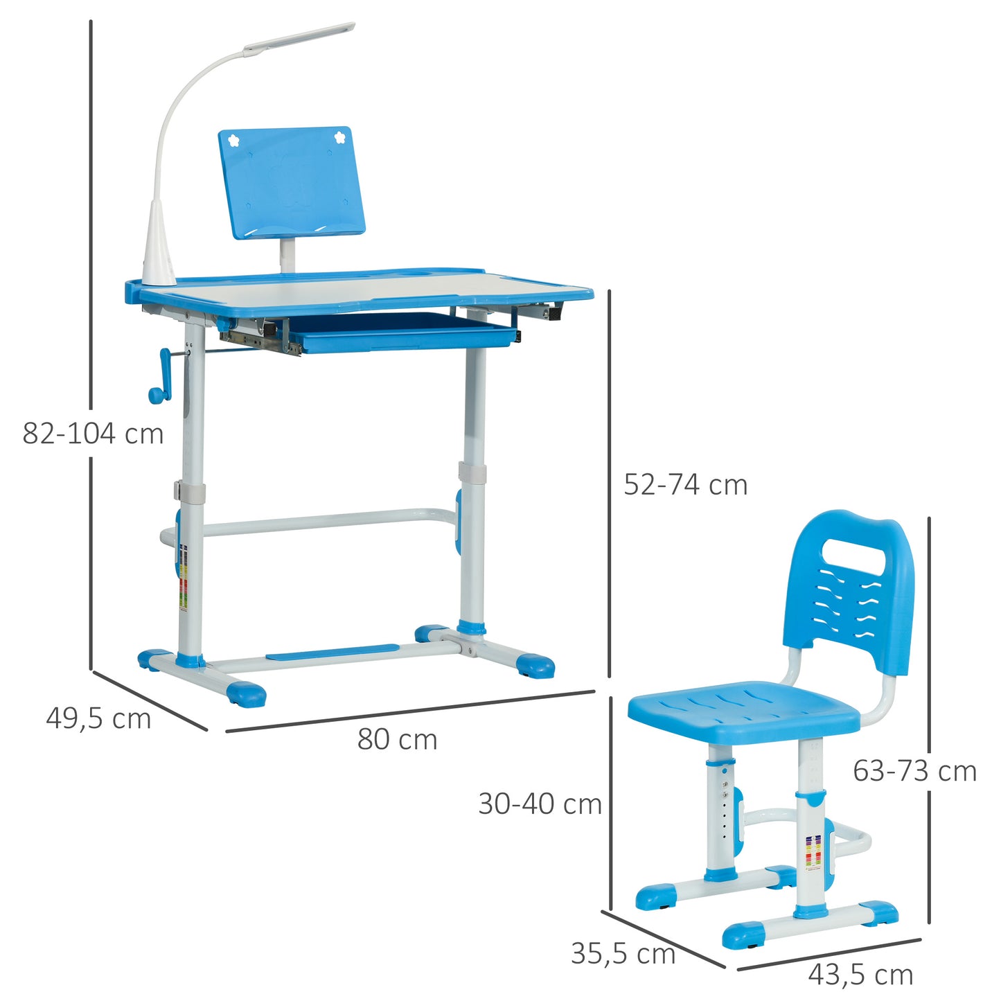 HOMCOM Juego de Escritorio y Silla para Niños de +6 Años Pupitre Infantil con Altura Ajustable Mesa Inclinable Cajón Lámpara LED y Portalápices 80x49,5x82-104 cm y 35,5x43,5x63-73 cm Azul