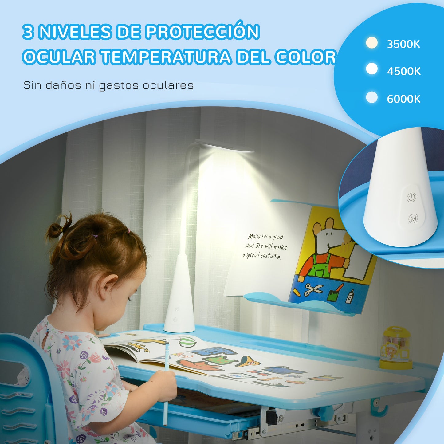 HOMCOM Juego de Escritorio y Silla para Niños de +6 Años Pupitre Infantil con Altura Ajustable Mesa Inclinable Cajón Lámpara LED y Portalápices 80x49,5x82-104 cm y 35,5x43,5x63-73 cm Azul