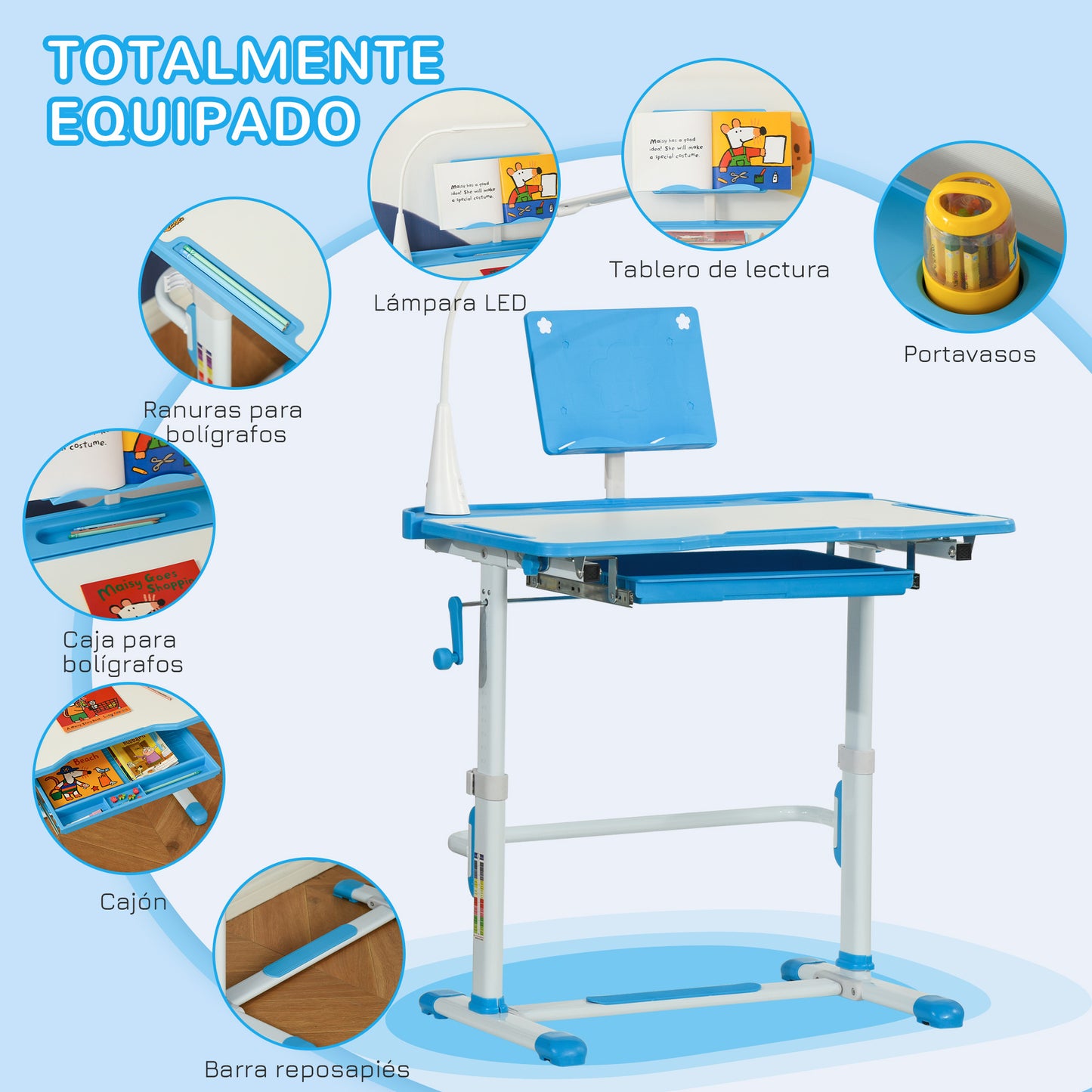 HOMCOM Juego de Escritorio y Silla para Niños de +6 Años Pupitre Infantil con Altura Ajustable Mesa Inclinable Cajón Lámpara LED y Portalápices 80x49,5x82-104 cm y 35,5x43,5x63-73 cm Azul