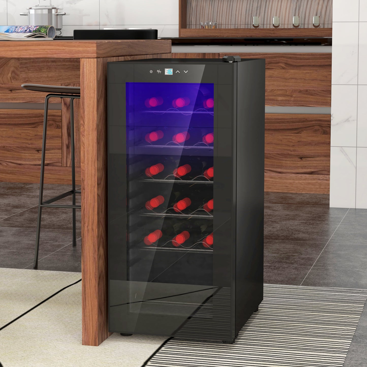 HOMCOM Nevera Vinos 18 Botellas 50L Vinoteca con Luz LED Interior Pantalla Táctil Digital Control de Temperatura Puerta de Vidrio y 5 Estantes de Metal Negro