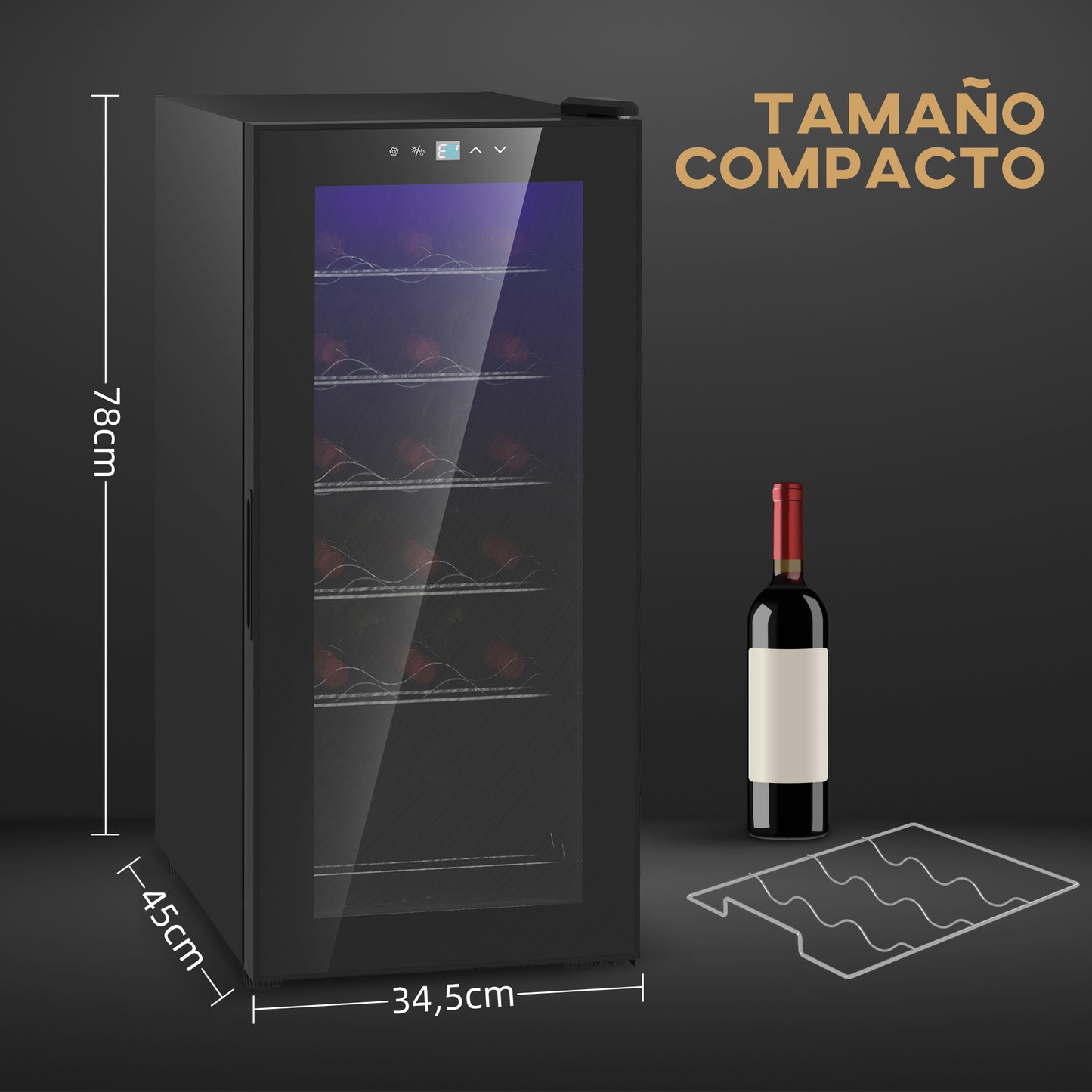 HOMCOM Nevera Vinos 18 Botellas 50L Vinoteca con Luz LED Interior Pantalla Táctil Digital Control de Temperatura Puerta de Vidrio y 5 Estantes de Metal Negro