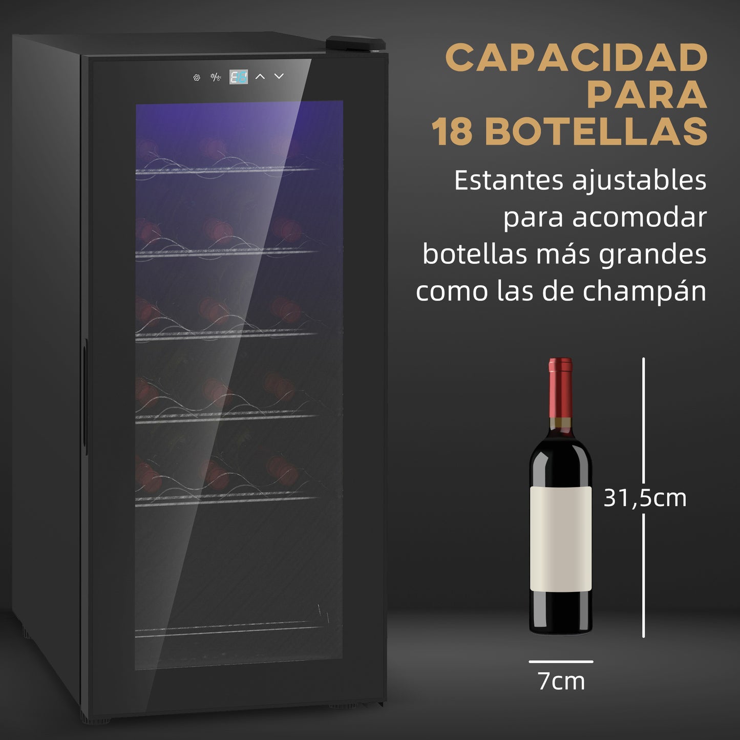 HOMCOM Nevera Vinos 18 Botellas 50L Vinoteca con Luz LED Interior Pantalla Táctil Digital Control de Temperatura Puerta de Vidrio y 5 Estantes de Metal Negro