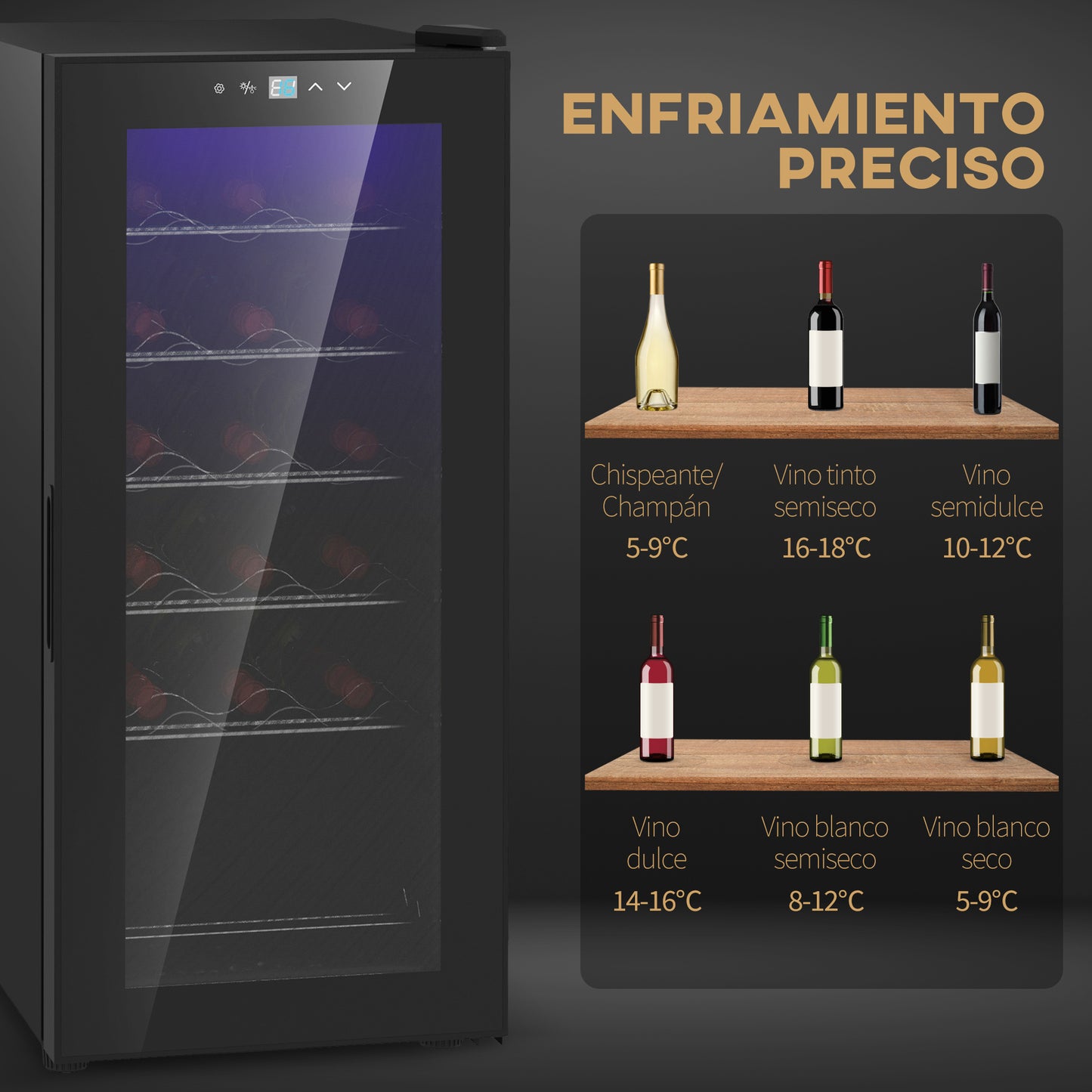 HOMCOM Nevera Vinos 18 Botellas 50L Vinoteca con Luz LED Interior Pantalla Táctil Digital Control de Temperatura Puerta de Vidrio y 5 Estantes de Metal Negro