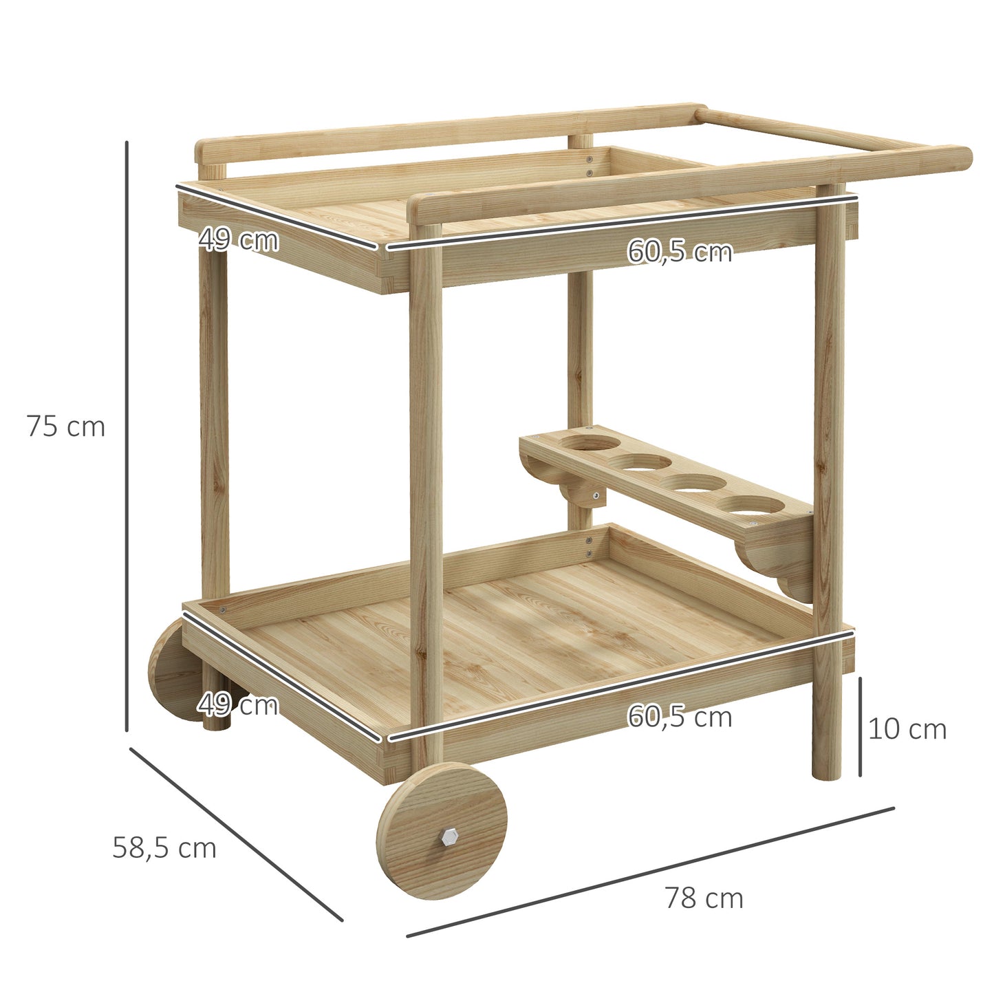 Outsunny Camarera con Ruedas de Madera Carro de Servicio con 2 Estantes 4 Portavasos y Mango para Jardín Terraza Patio 78x58,5x75 cm Natural