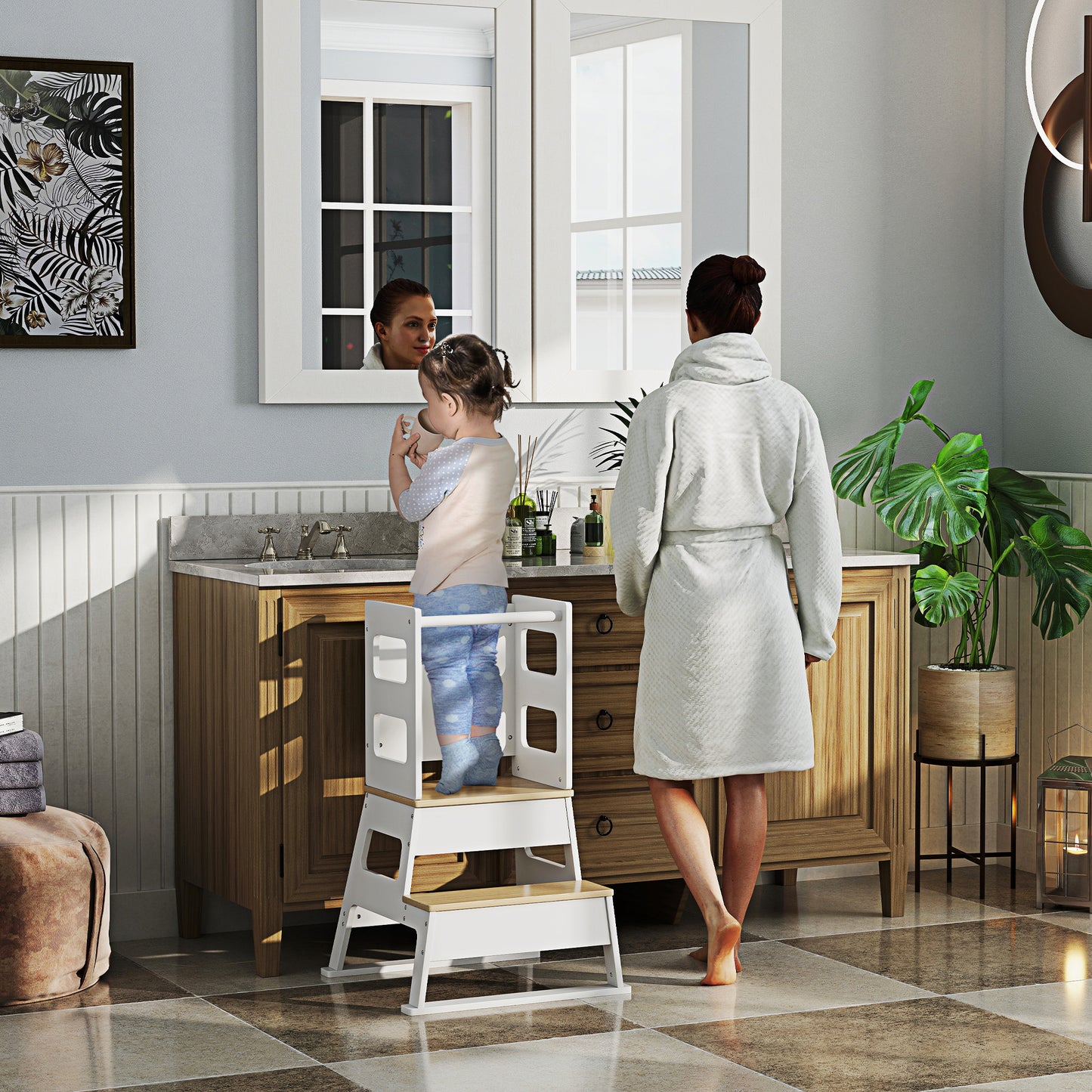 AIYAPLAY Torre de Aprendizaje 2 en 1 Taburete de Aprendizaje para Niños de +3 Años con Pizarra y Barrera de Seguridad para Baño Cocina 55x52,5x87,5 cm Blanco