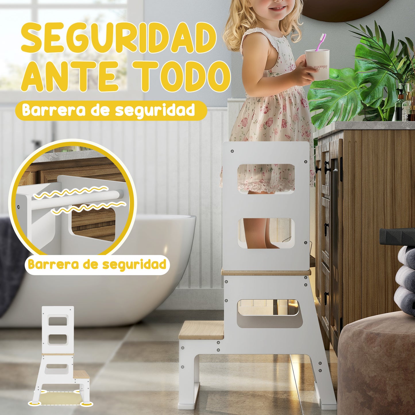 AIYAPLAY Torre de Aprendizaje 2 en 1 Taburete de Aprendizaje para Niños de +3 Años con Pizarra y Barrera de Seguridad para Baño Cocina 55x52,5x87,5 cm Blanco