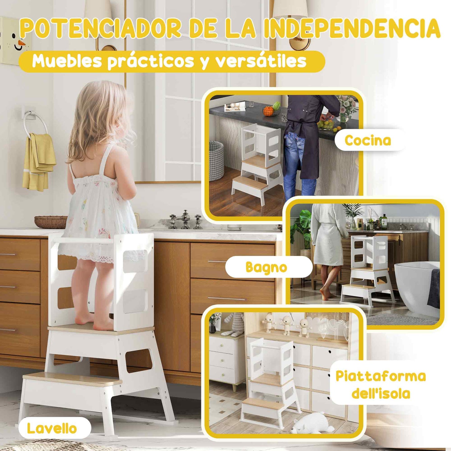 AIYAPLAY Torre de Aprendizaje 2 en 1 Taburete de Aprendizaje para Niños de +3 Años con Pizarra y Barrera de Seguridad para Baño Cocina 55x52,5x87,5 cm Blanco