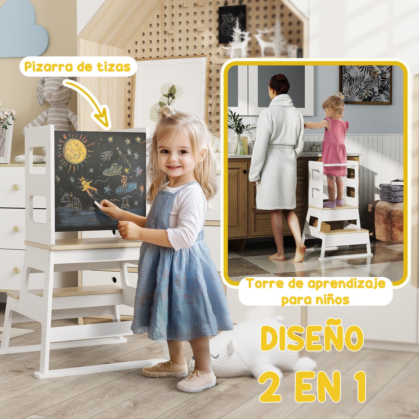 AIYAPLAY Torre de Aprendizaje 2 en 1 Taburete de Aprendizaje para Niños de +3 Años con Pizarra y Barrera de Seguridad para Baño Cocina 55x52,5x87,5 cm Blanco