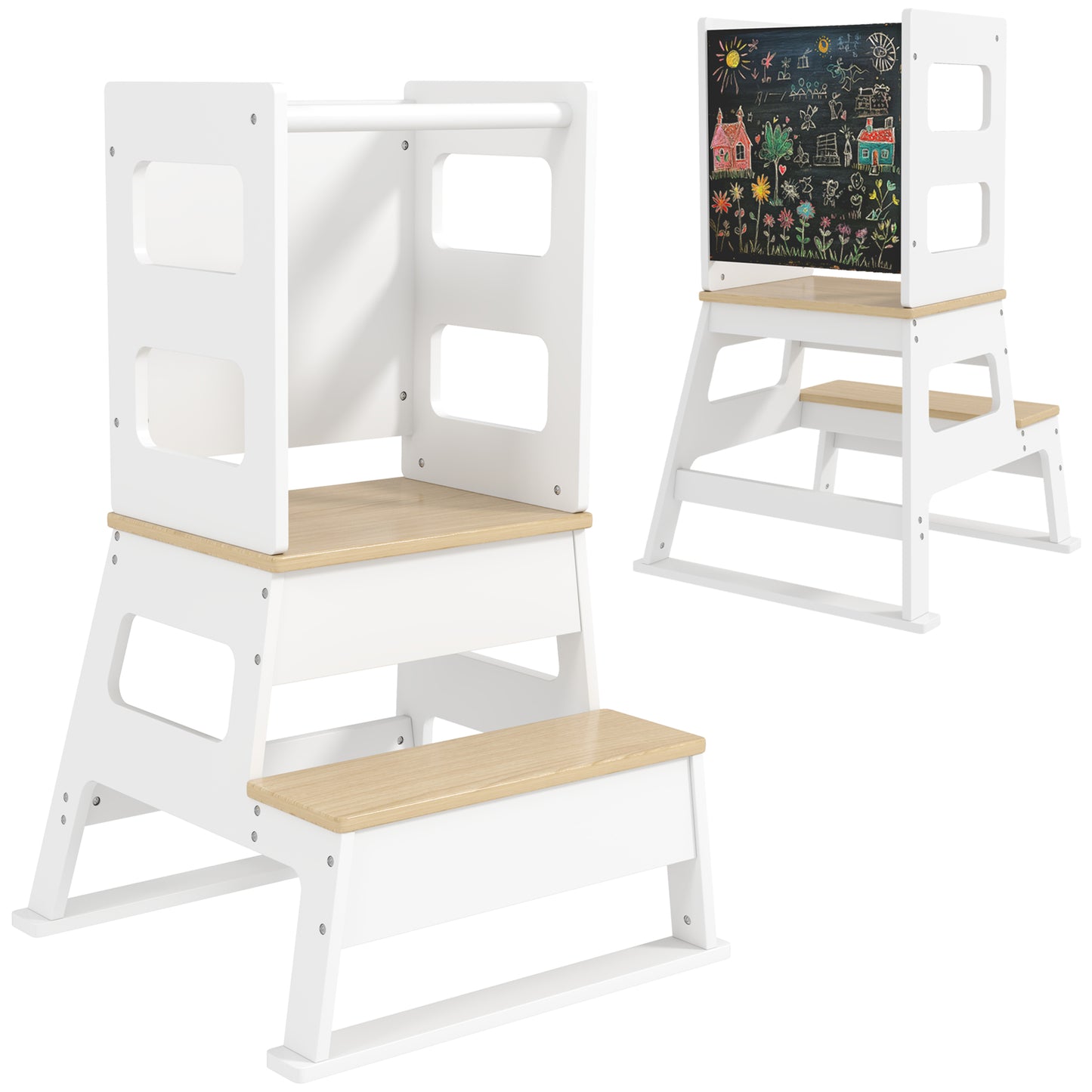 AIYAPLAY Torre de Aprendizaje 2 en 1 Taburete de Aprendizaje para Niños de +3 Años con Pizarra y Barrera de Seguridad para Baño Cocina 55x52,5x87,5 cm Blanco