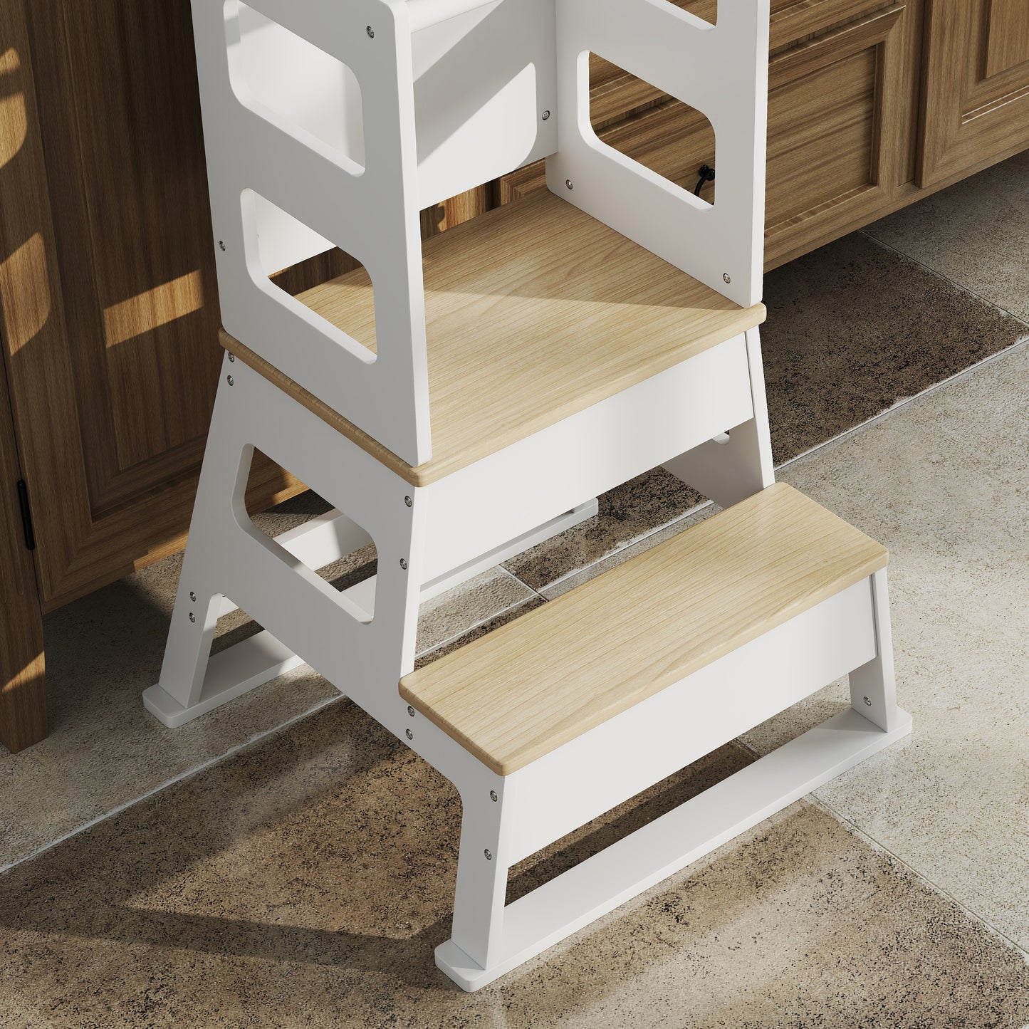 AIYAPLAY Torre de Aprendizaje 2 en 1 Taburete de Aprendizaje para Niños de +3 Años con Pizarra y Barrera de Seguridad para Baño Cocina 55x52,5x87,5 cm Blanco