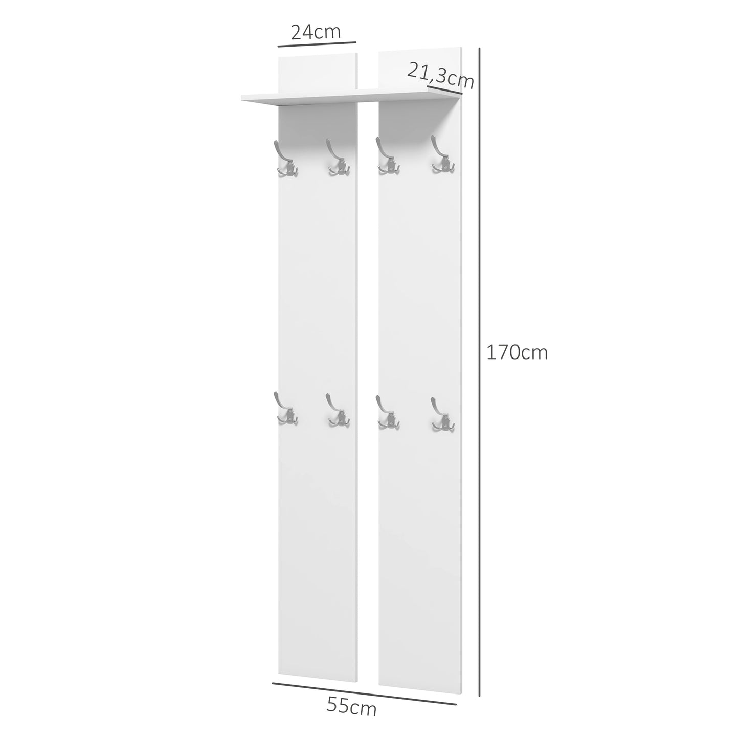 HOMCOM Perchero para Ropa de Pared Perchero para Recibidor Moderno con 8 Ganchos y Estante para Entrada Pasillo 55x21,3x170 cm Blanco