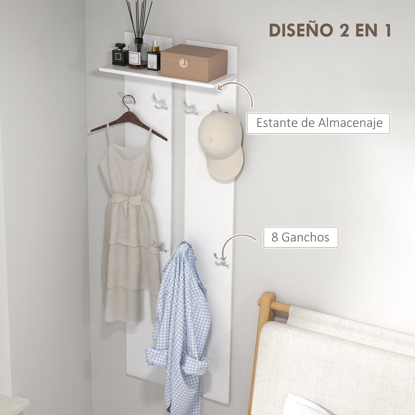 HOMCOM Perchero para Ropa de Pared Perchero para Recibidor Moderno con 8 Ganchos y Estante para Entrada Pasillo 55x21,3x170 cm Blanco