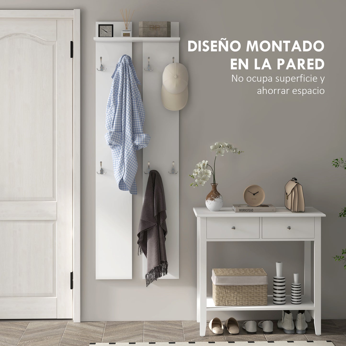 HOMCOM Perchero para Ropa de Pared Perchero para Recibidor Moderno con 8 Ganchos y Estante para Entrada Pasillo 55x21,3x170 cm Blanco