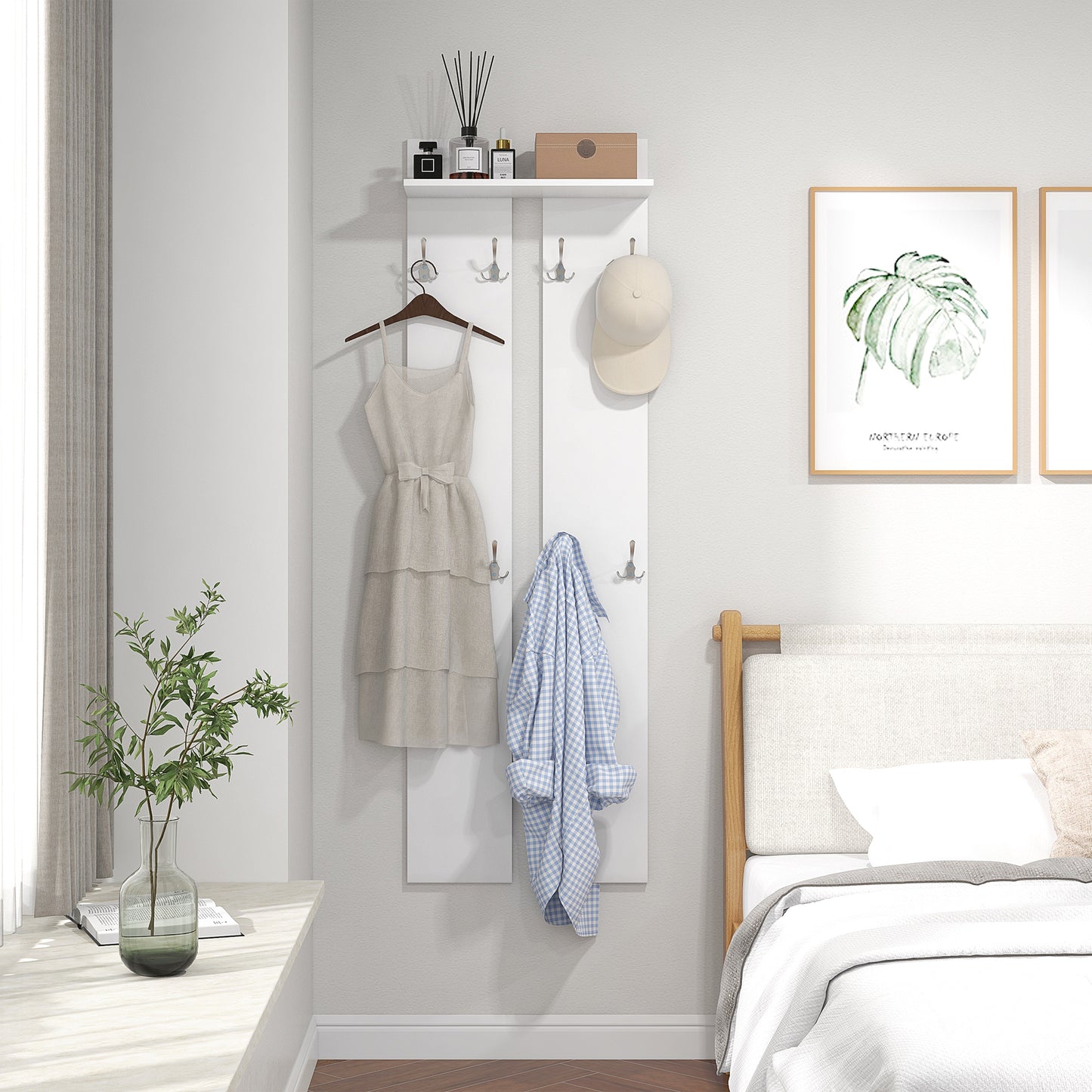 HOMCOM Perchero para Ropa de Pared Perchero para Recibidor Moderno con 8 Ganchos y Estante para Entrada Pasillo 55x21,3x170 cm Blanco