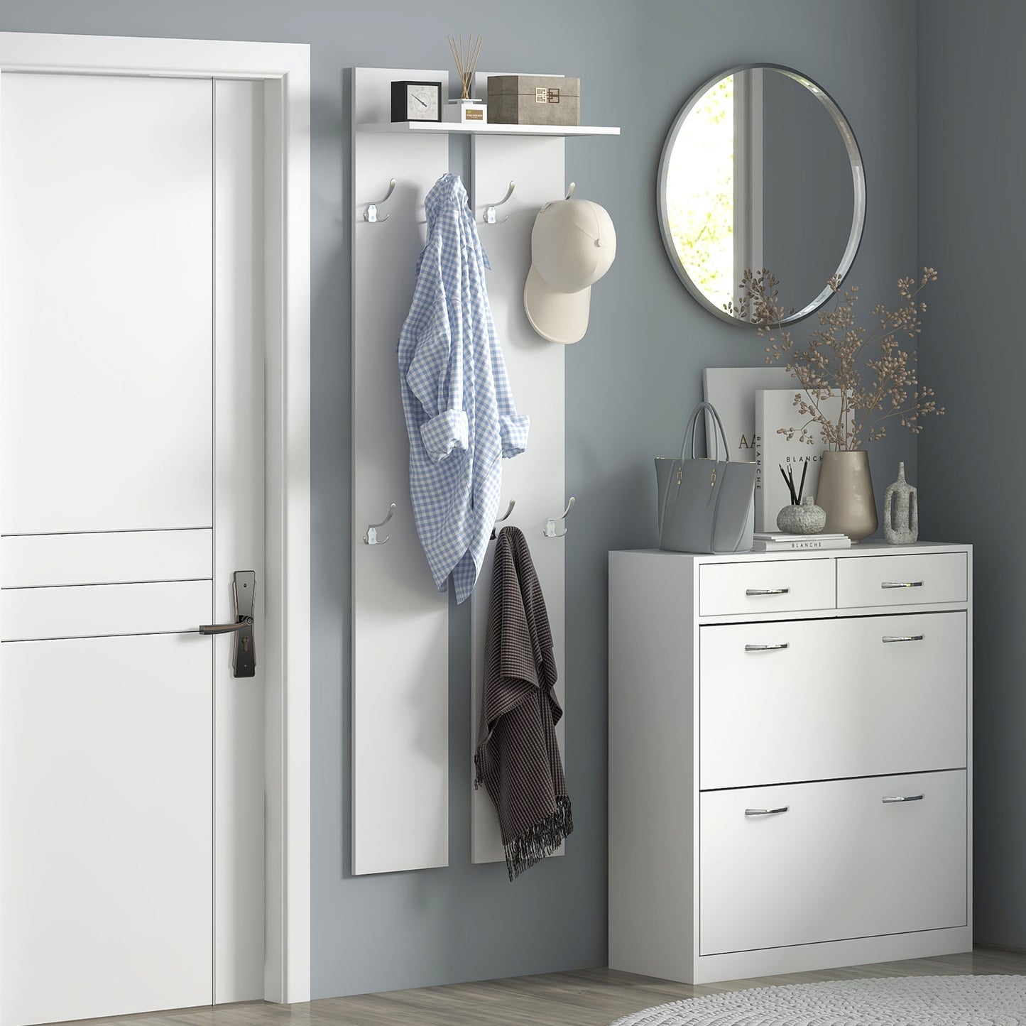 HOMCOM Perchero para Ropa de Pared Perchero para Recibidor Moderno con 8 Ganchos y Estante para Entrada Pasillo 55x21,3x170 cm Blanco