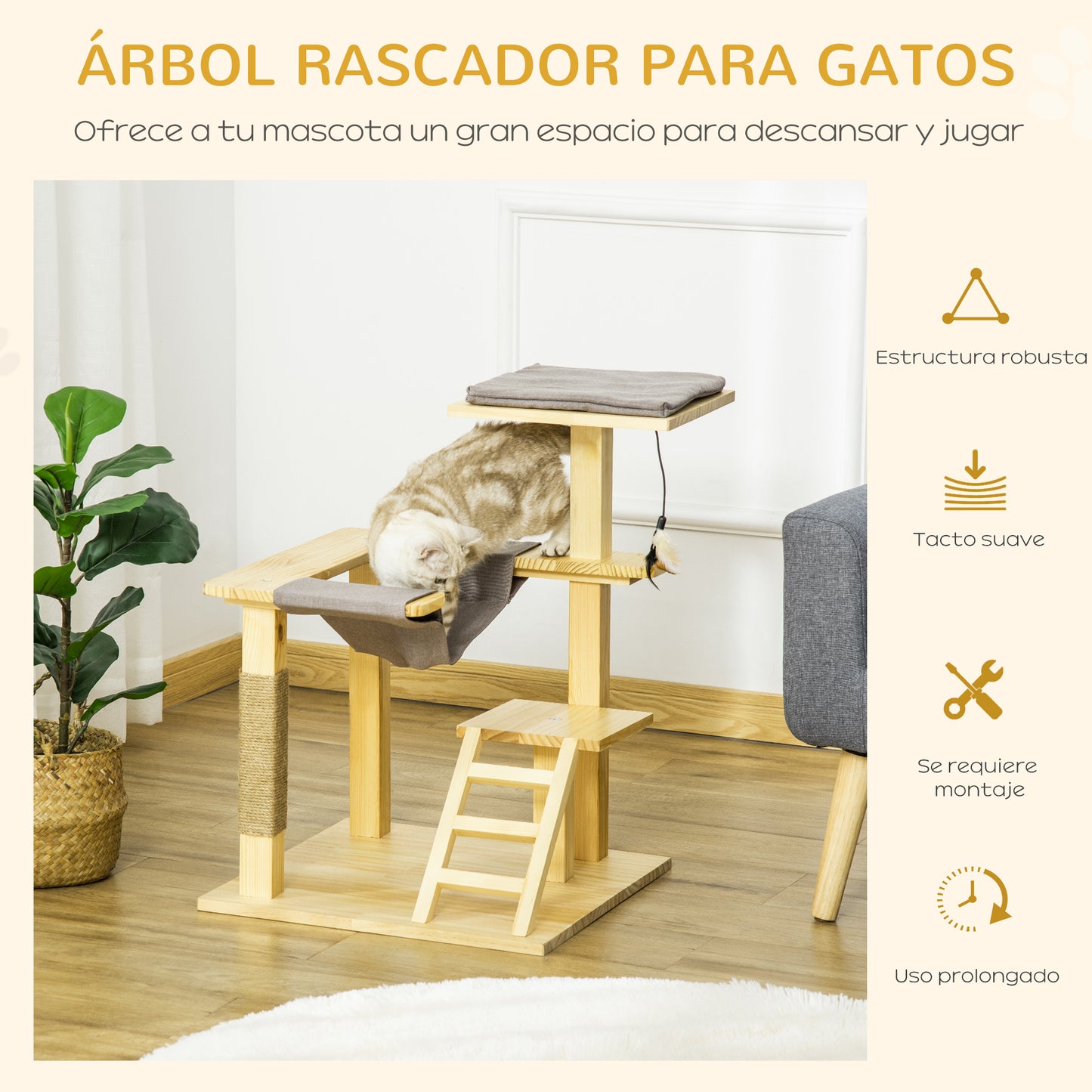 PawHut Árbol Rascador para Gatos de Madera Altura 65 cm con Plataformas Poste de Yute Hamaca Escalera Cojín Extraíble de Tela Oxford y Juguete Colgante para Interior y Exterior Natural