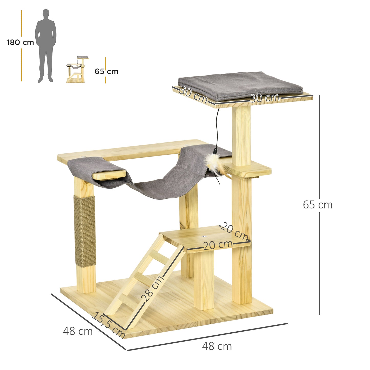 PawHut Árbol Rascador para Gatos de Madera Altura 65 cm con Plataformas Poste de Yute Hamaca Escalera Cojín Extraíble de Tela Oxford y Juguete Colgante para Interior y Exterior Natural