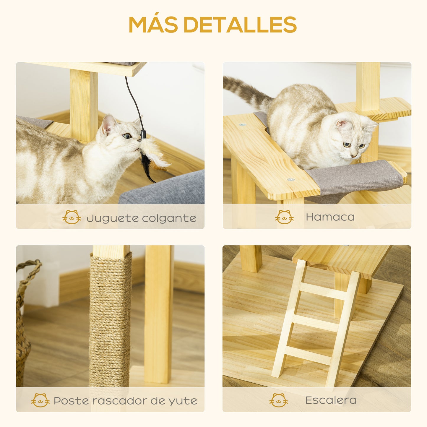 PawHut Árbol Rascador para Gatos de Madera Altura 65 cm con Plataformas Poste de Yute Hamaca Escalera Cojín Extraíble de Tela Oxford y Juguete Colgante para Interior y Exterior Natural