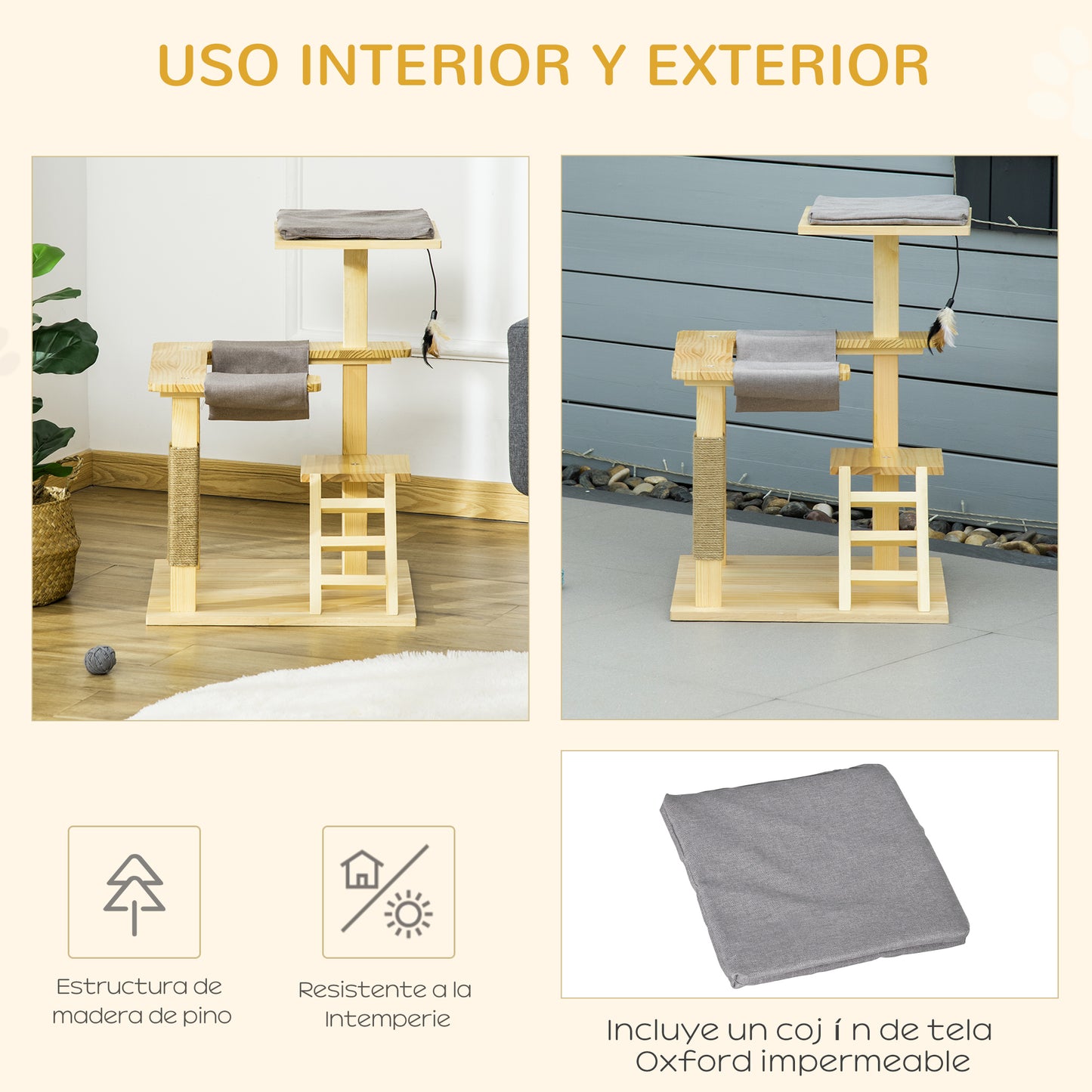 PawHut Árbol Rascador para Gatos de Madera Altura 65 cm con Plataformas Poste de Yute Hamaca Escalera Cojín Extraíble de Tela Oxford y Juguete Colgante para Interior y Exterior Natural