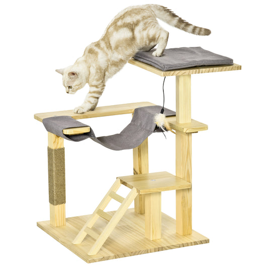 PawHut Árbol Rascador para Gatos de Madera Altura 65 cm con Plataformas Poste de Yute Hamaca Escalera Cojín Extraíble de Tela Oxford y Juguete Colgante para Interior y Exterior Natural