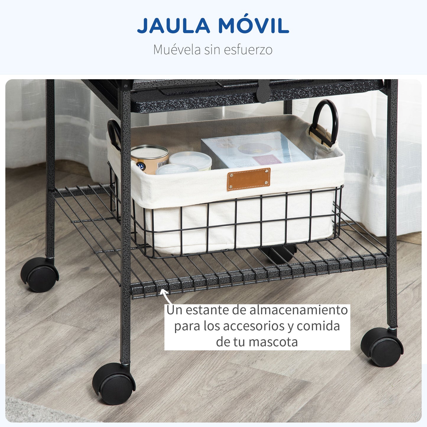 PawHut Jaula para Pájaros con Soporte y Ruedas 62,5x62,5x156 cm Jaula Metálica de Aves Canarios con Puente de Arco 2 Perchas 4 Comederos 2 Bandejas Extraíbles y Estante Inferior Gris