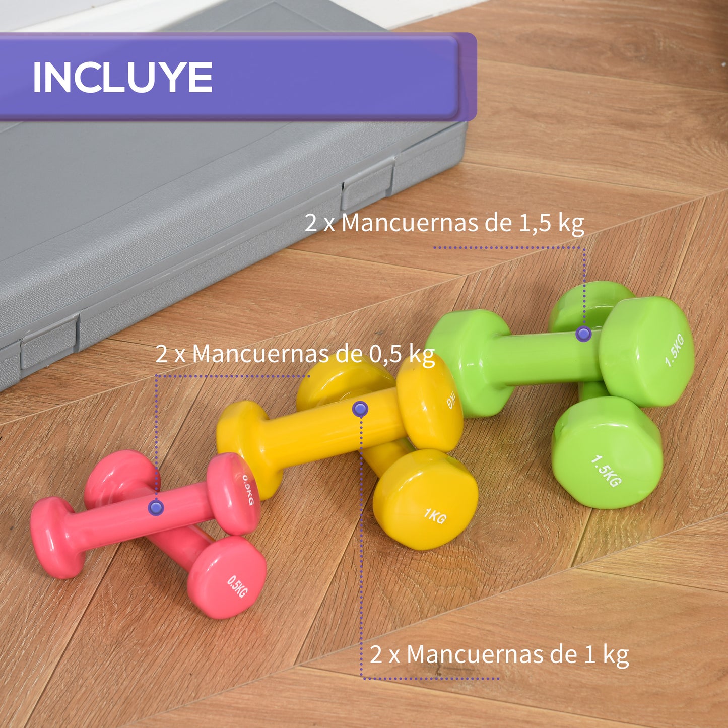 Juego de 6 Mancuernas Hexagonales de 1,5kg 1kg y 0,5kg con Revestimiento de Neopreno con Maletín 43x18x7,5 cm Multicolor