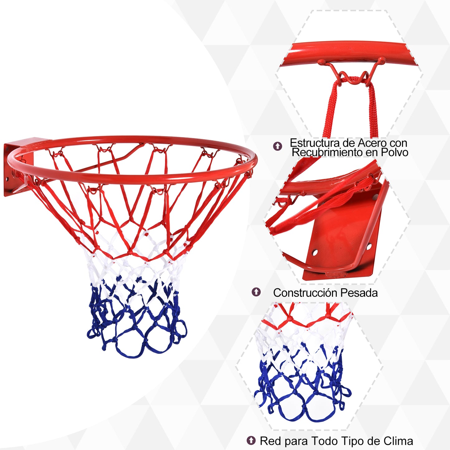 HOMCOM Canasta de Baloncesto de Pared Ø46 cm Aro de Baloncesto con Red de Baloncesto Marco Metálico y 12 Ganchos para Interior y Exterior Rojo