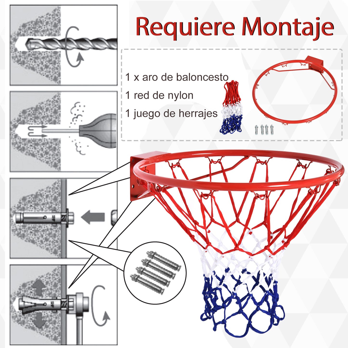 HOMCOM Canasta de Baloncesto de Pared Ø46 cm Aro de Baloncesto con Red de Baloncesto Marco Metálico y 12 Ganchos para Interior y Exterior Rojo