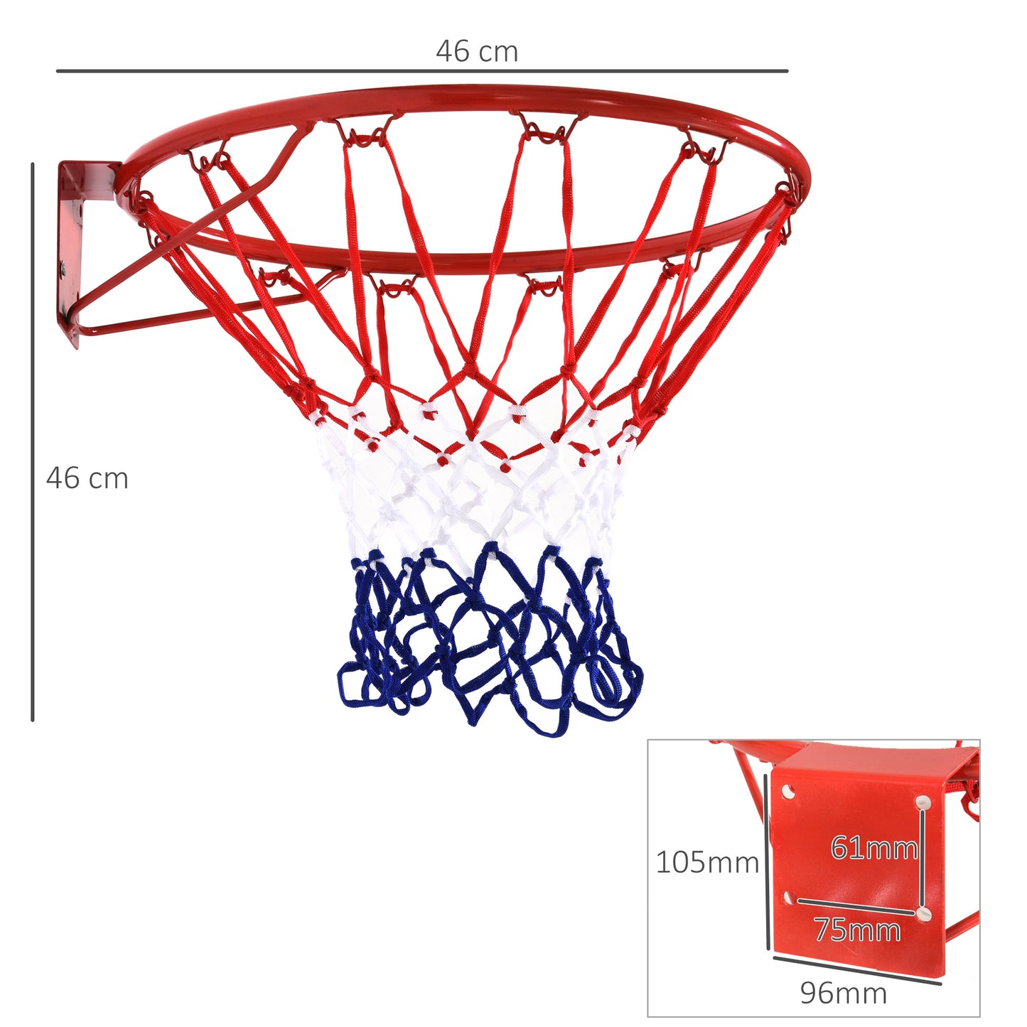 HOMCOM Canasta de Baloncesto de Pared Ø46 cm Aro de Baloncesto con Red de Baloncesto Marco Metálico y 12 Ganchos para Interior y Exterior Rojo