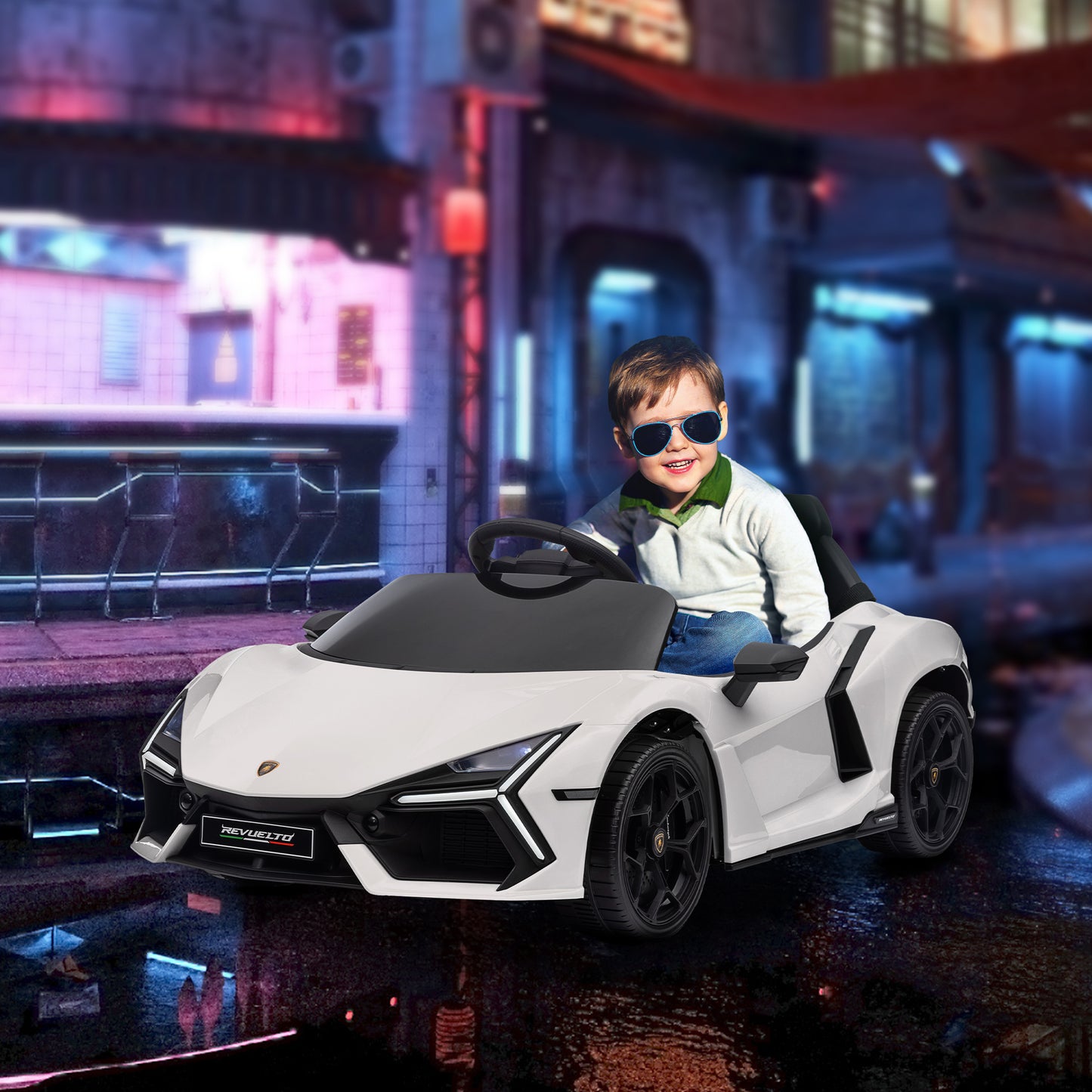 AIYAPLAY Coche Eléctrico para Niños de +3 Años Lamborghini Revuelto Carro Eléctrico Infantil con Batería 12V Mando a Distancia Faros LED Bocina Música MP3 USB y Ruedas Auxiliares Blanco