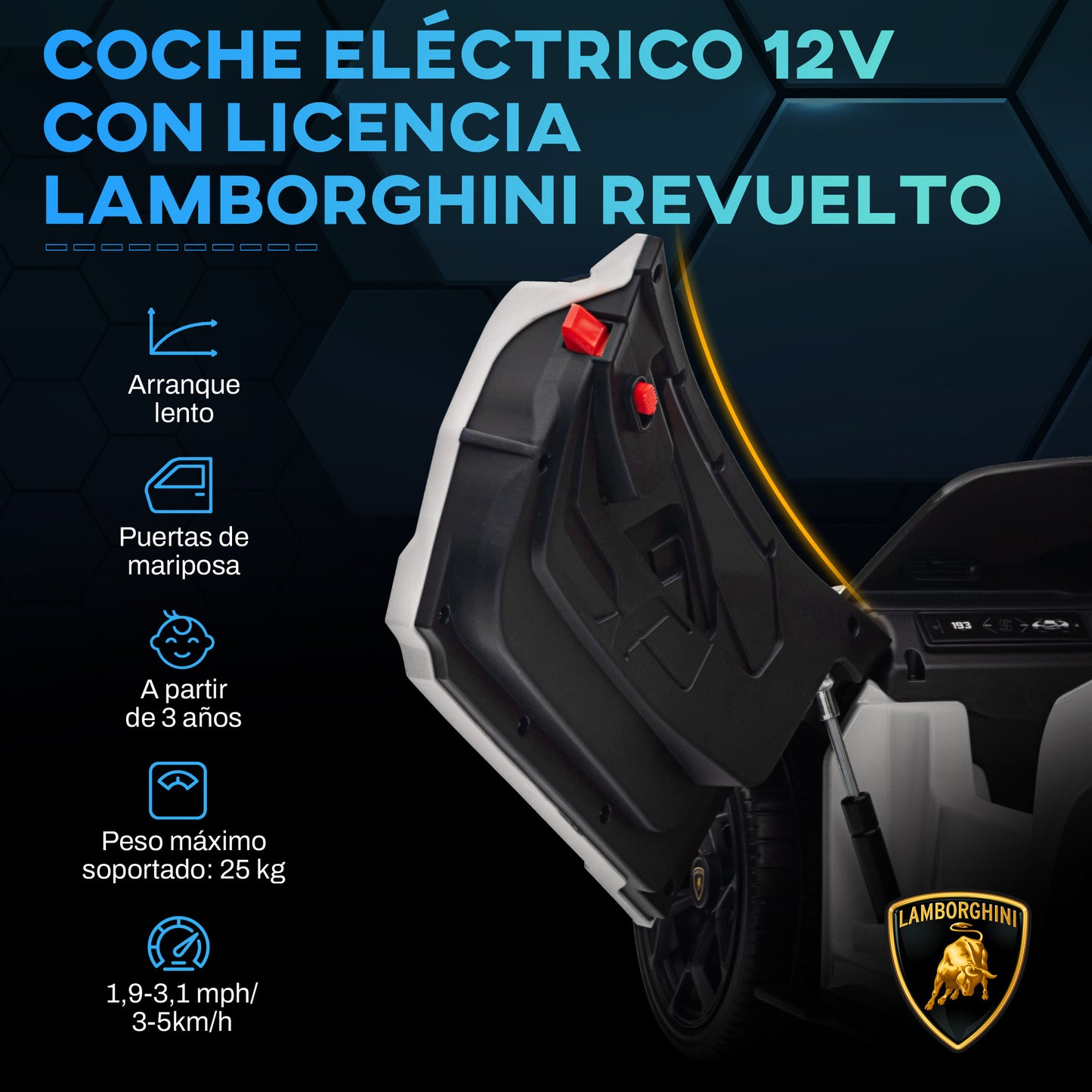 AIYAPLAY Coche Eléctrico para Niños de +3 Años Lamborghini Revuelto Carro Eléctrico Infantil con Batería 12V Mando a Distancia Faros LED Bocina Música MP3 USB y Ruedas Auxiliares Blanco