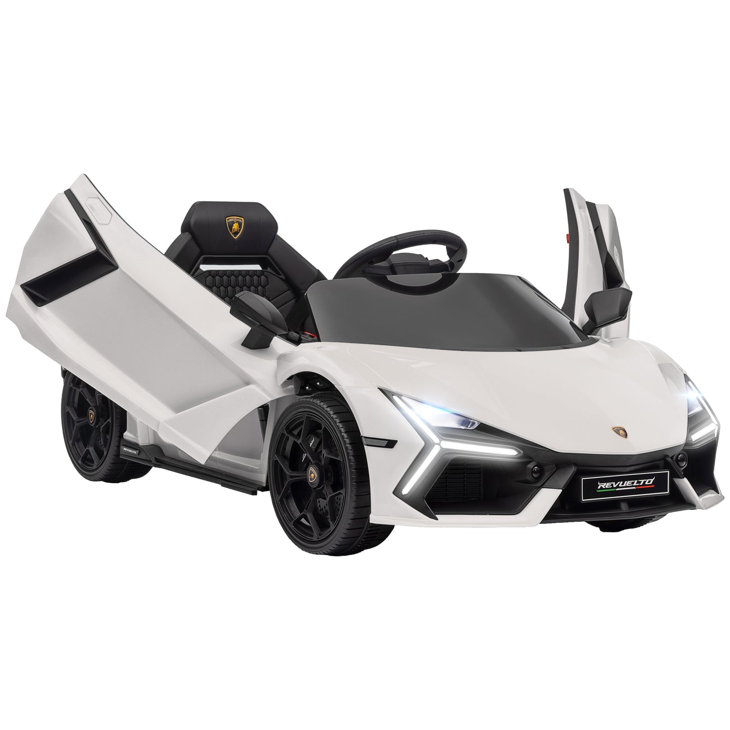 AIYAPLAY Coche Eléctrico para Niños de +3 Años Lamborghini Revuelto Carro Eléctrico Infantil con Batería 12V Mando a Distancia Faros LED Bocina Música MP3 USB y Ruedas Auxiliares Blanco