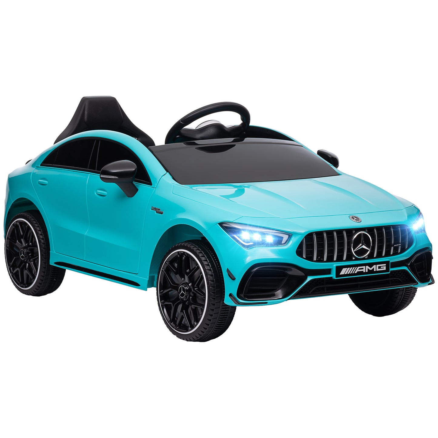 AIYAPLAY Coche Eléctrico para Niños de +3 Años Mercedes-AMG CLA 45 Coche Eléctrico con Batería 12V Velocidad 3-5 km/h Mando a Distancia Faros LED Bocina y Música 110x61x45 cm Azul Claro