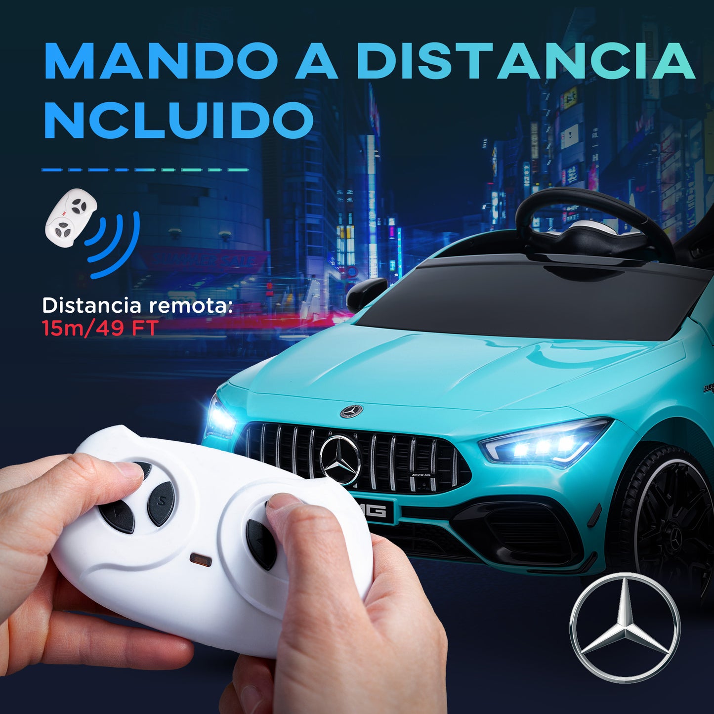 AIYAPLAY Coche Eléctrico para Niños de +3 Años Mercedes-AMG CLA 45 Coche Eléctrico con Batería 12V Velocidad 3-5 km/h Mando a Distancia Faros LED Bocina y Música 110x61x45 cm Azul Claro