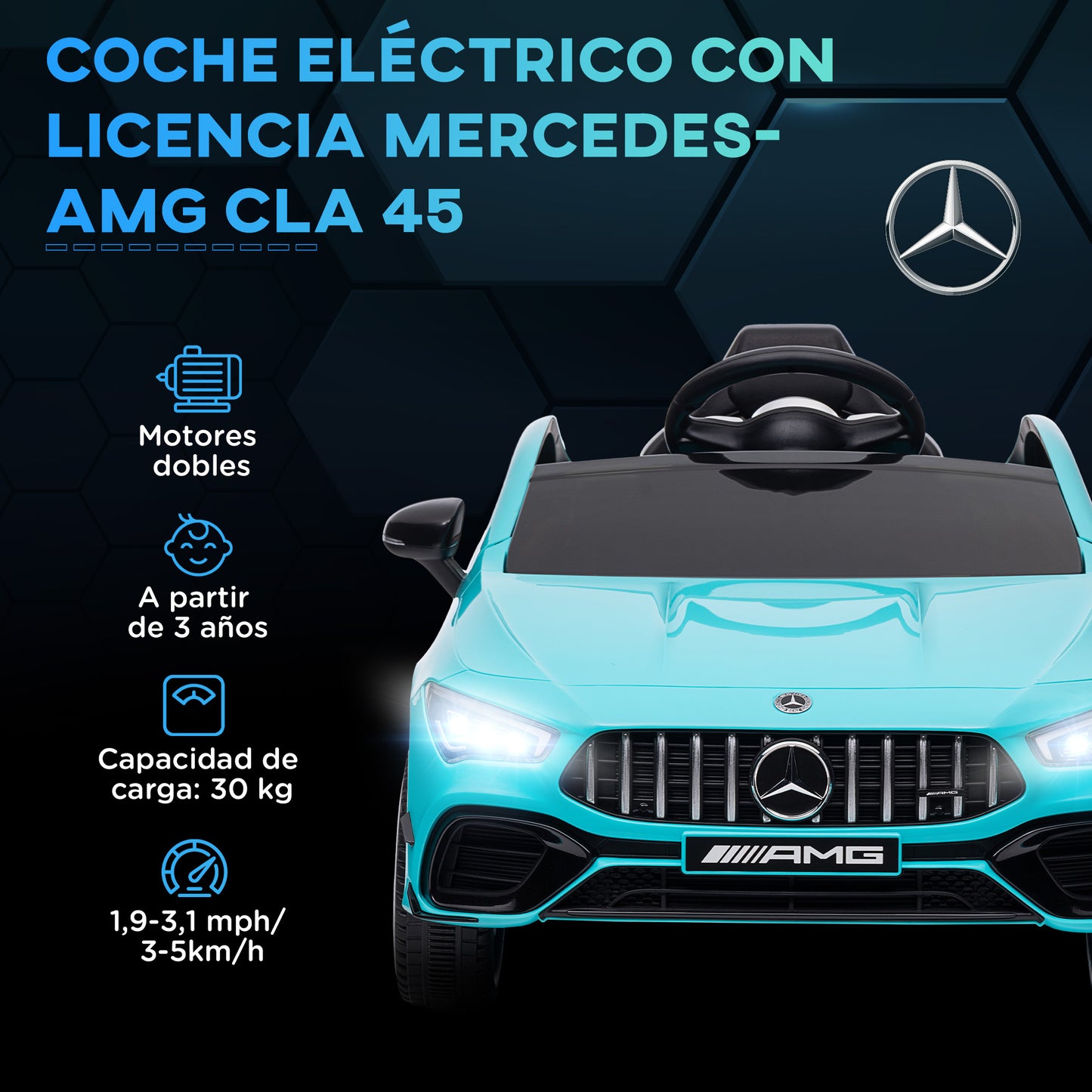 AIYAPLAY Coche Eléctrico para Niños de +3 Años Mercedes-AMG CLA 45 Coche Eléctrico con Batería 12V Velocidad 3-5 km/h Mando a Distancia Faros LED Bocina y Música 110x61x45 cm Azul Claro