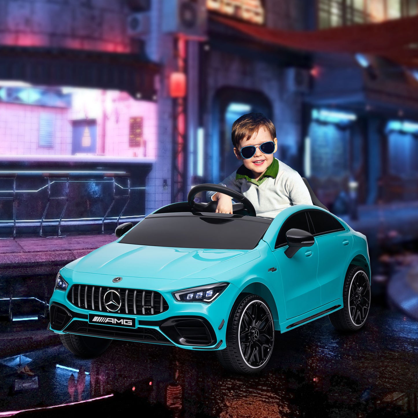 AIYAPLAY Coche Eléctrico para Niños de +3 Años Mercedes-AMG CLA 45 Coche Eléctrico con Batería 12V Velocidad 3-5 km/h Mando a Distancia Faros LED Bocina y Música 110x61x45 cm Azul Claro