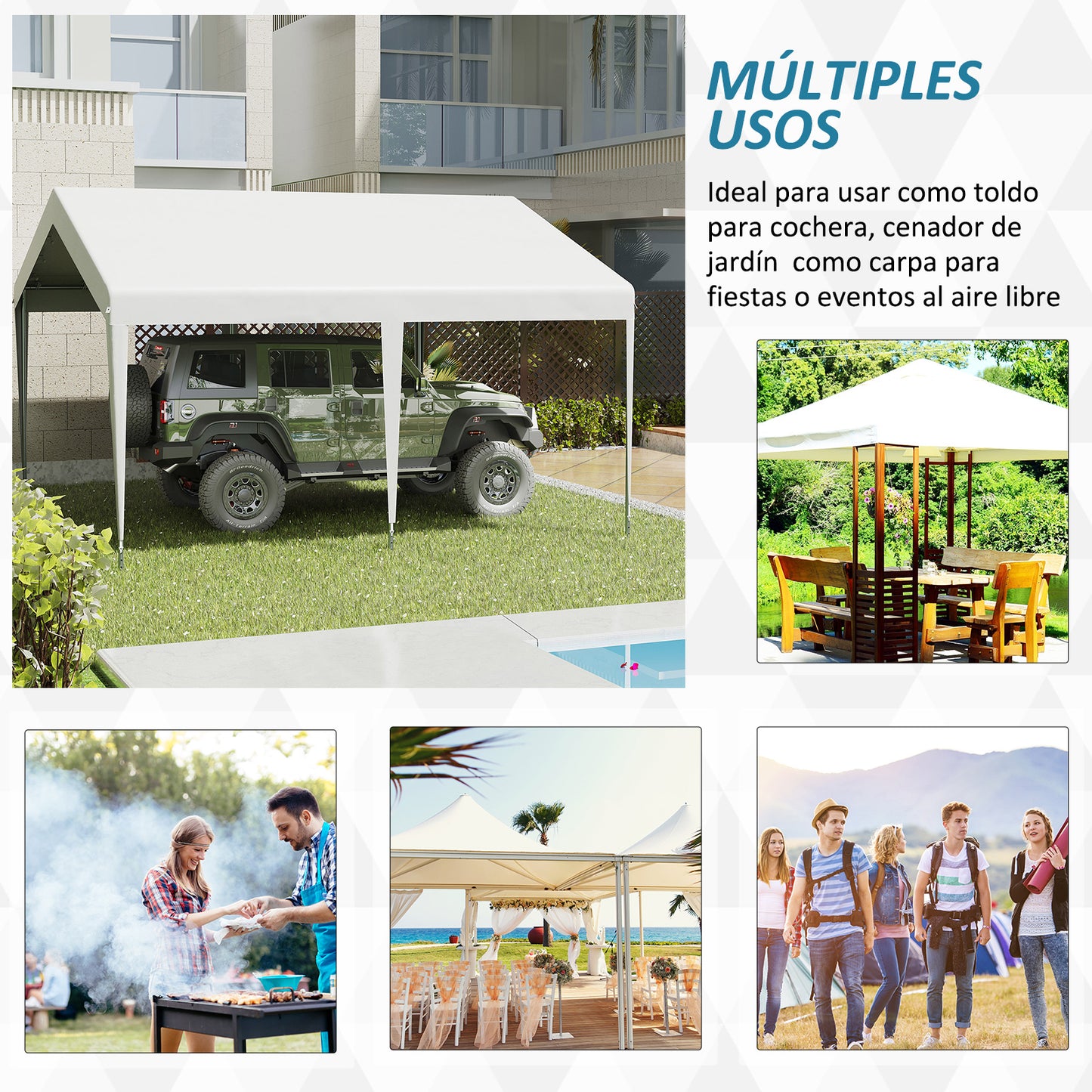 Outsunny Carpa Garaje para Coche 4x4 m Cochera Portátil Impermeable Pabellón Gazebo de Jardín Patio Exterior con Accesorios para Eventos Fiestas Metal Galvanizado Blanco