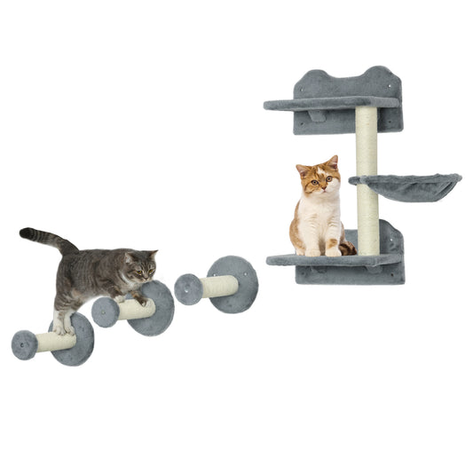 PawHut Juego de Estanterías para Gatos de 4 Piezas Rascador de Pared para Gatos con 3 Postes de Sisal Hamaca y 1 Plataforma para Saltar de 3 Niveles Gris