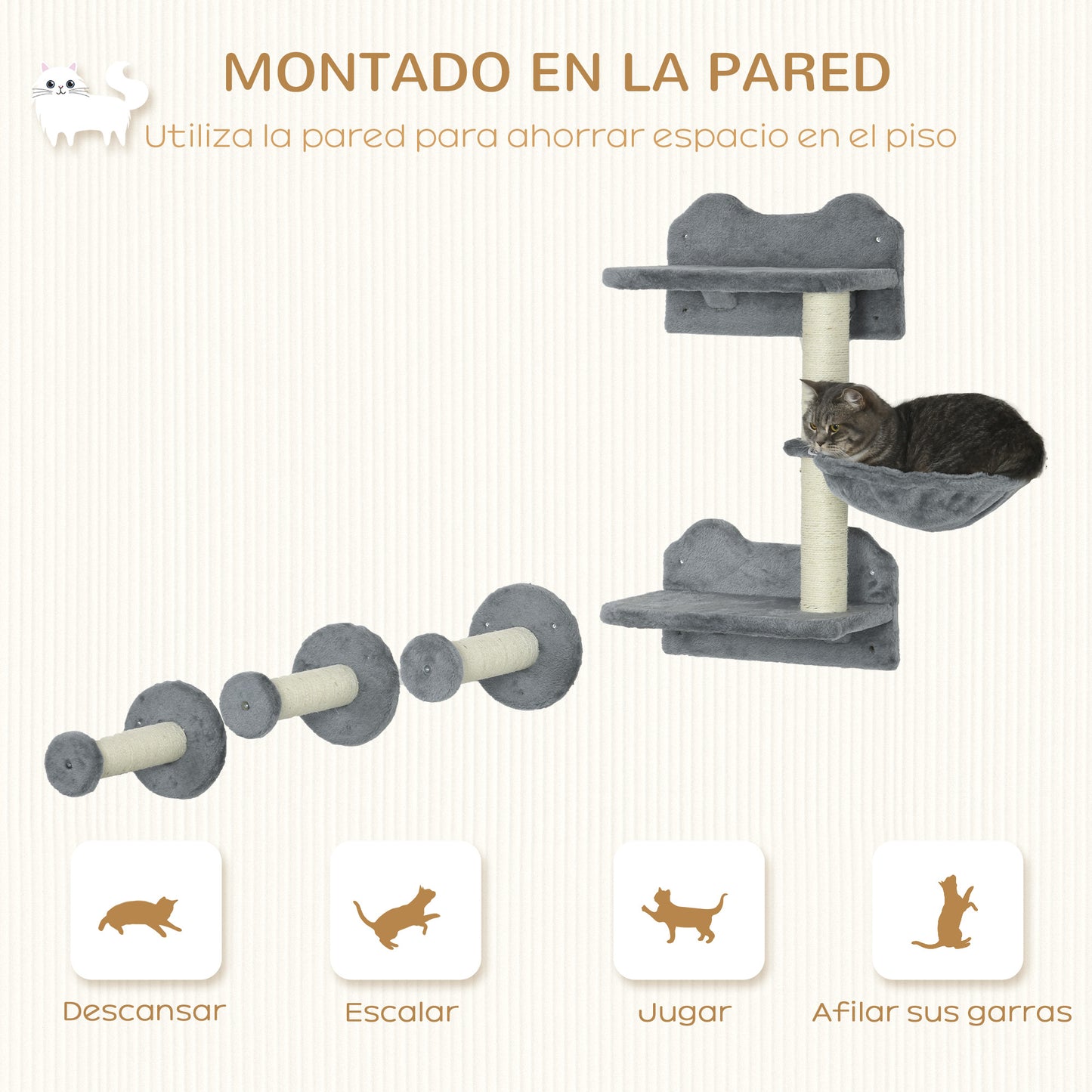 PawHut Juego de Estanterías para Gatos de 4 Piezas Rascador de Pared para Gatos con 3 Postes de Sisal Hamaca y 1 Plataforma para Saltar de 3 Niveles Gris