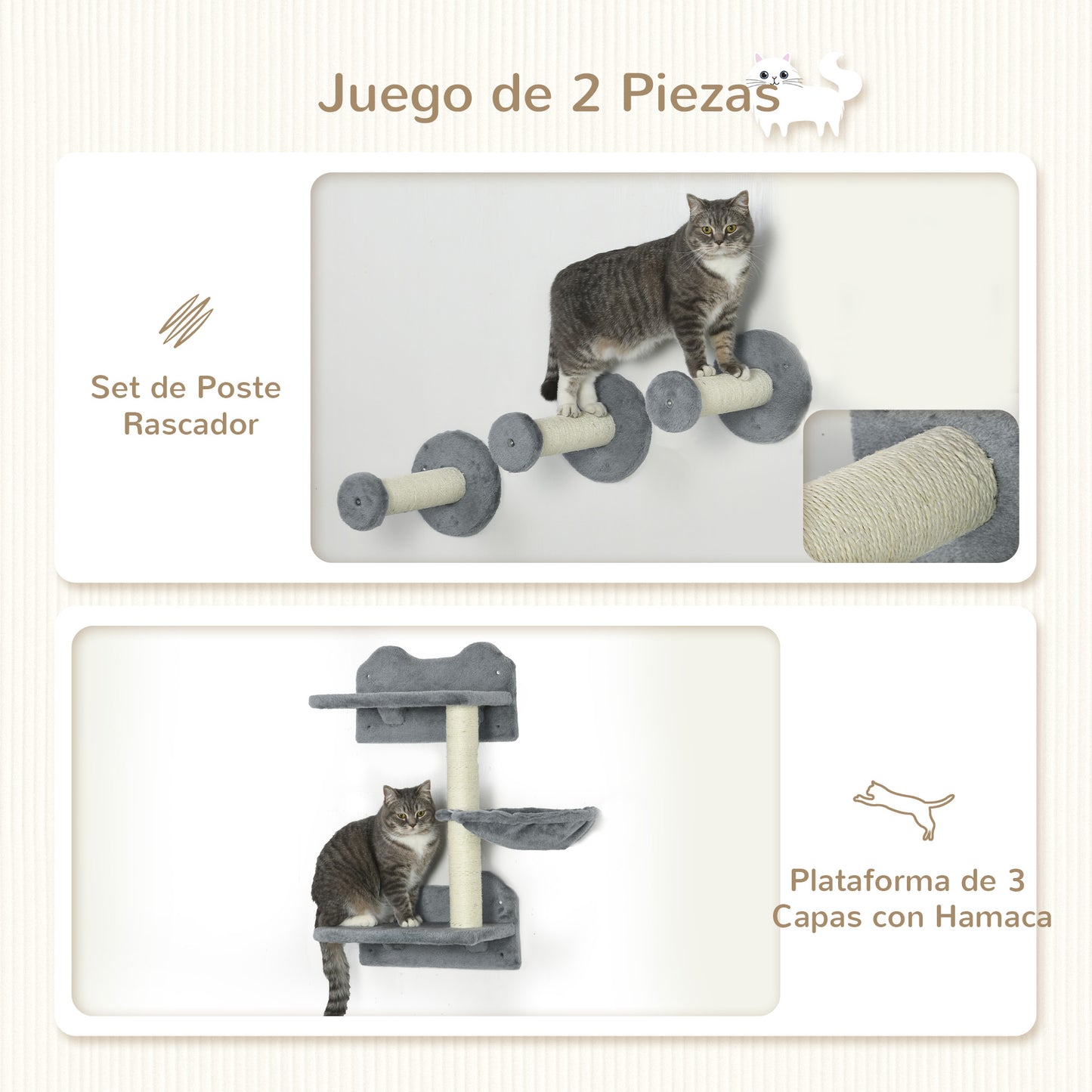 PawHut Juego de Estanterías para Gatos de 4 Piezas Rascador de Pared para Gatos con 3 Postes de Sisal Hamaca y 1 Plataforma para Saltar de 3 Niveles Gris