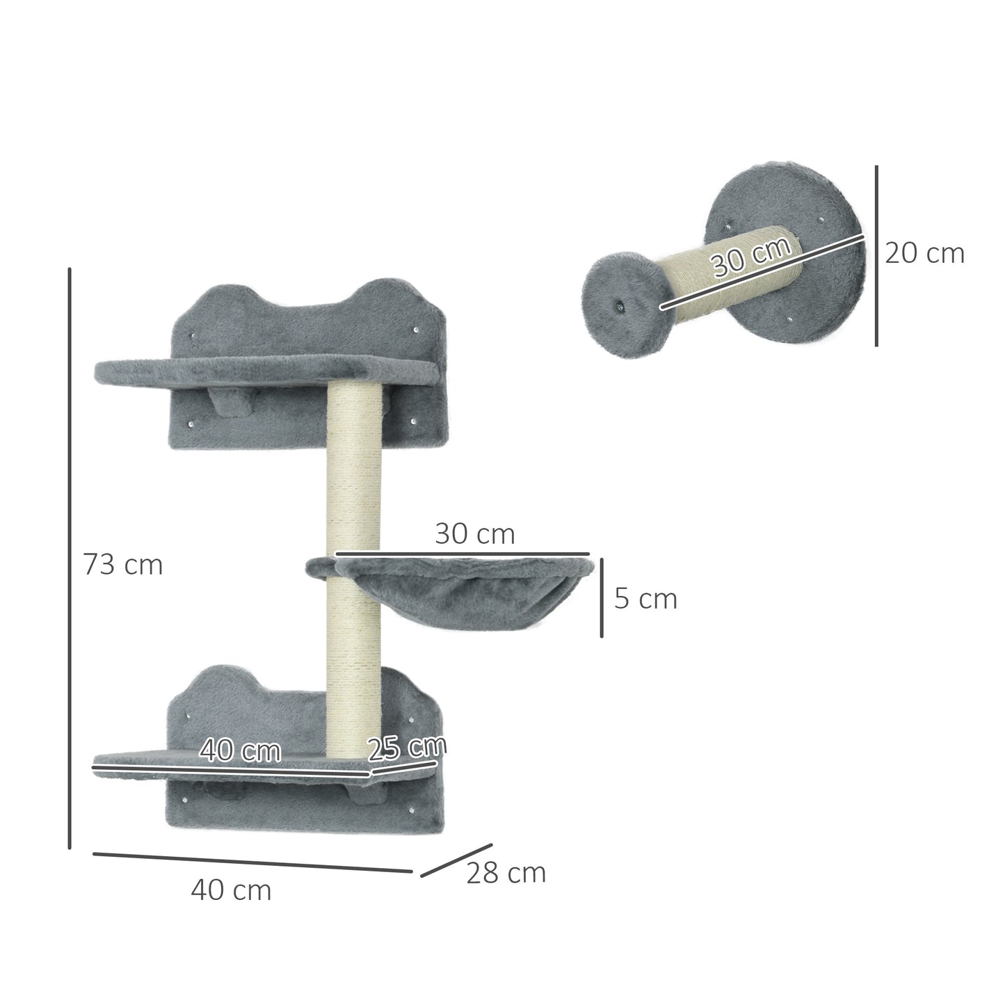 PawHut Juego de Estanterías para Gatos de 4 Piezas Rascador de Pared para Gatos con 3 Postes de Sisal Hamaca y 1 Plataforma para Saltar de 3 Niveles Gris