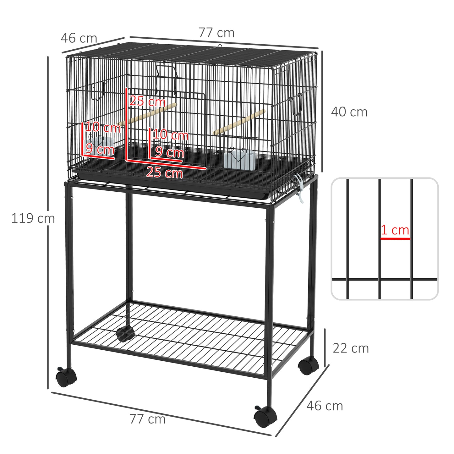 PawHut Jaula para Pájaros 77x46x119 cm Jaula Metálica para Aves con Bandeja Extraíble Perchas Comederos para Periquitos Canarios Negro