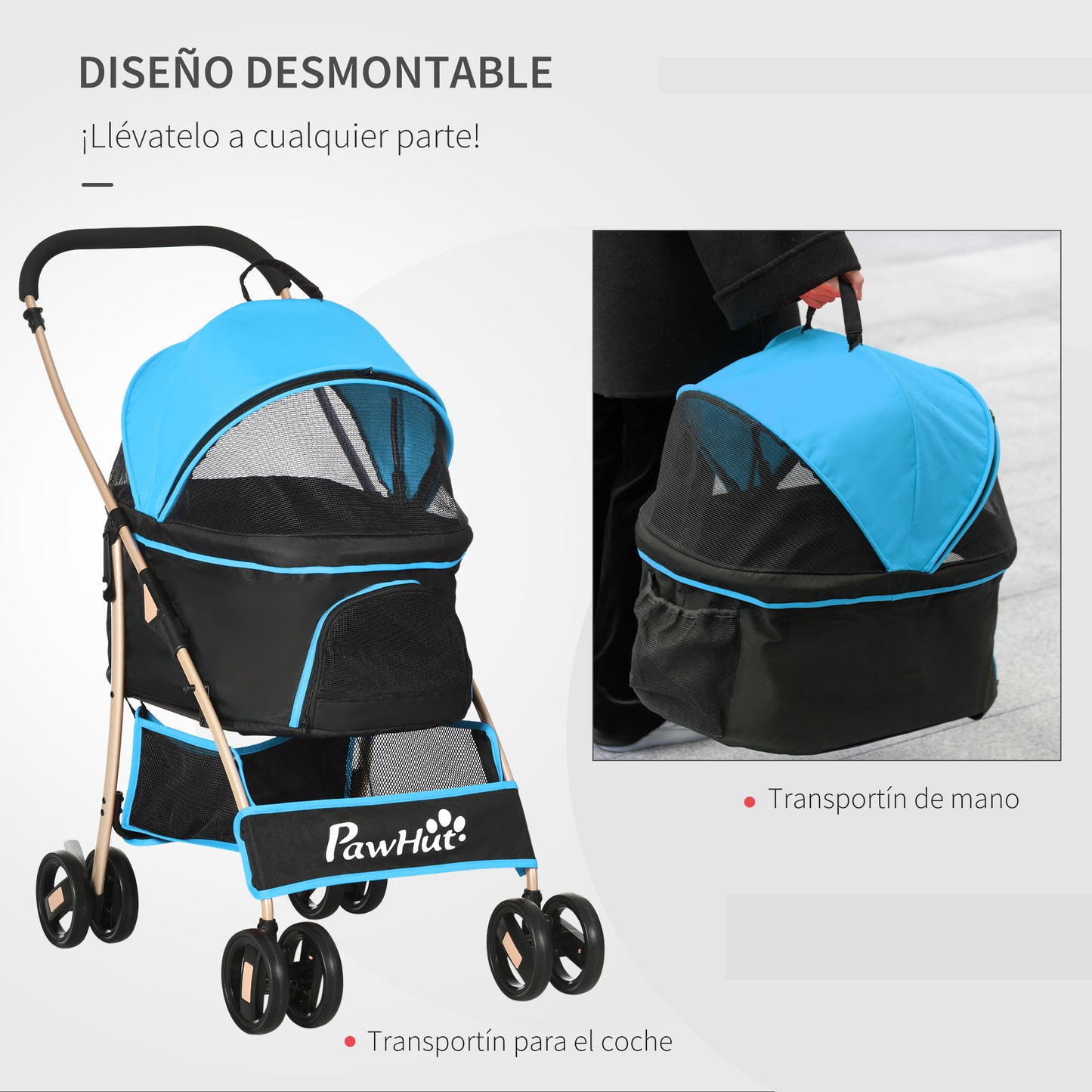 PawHut Carrito para Perros Plegable 3 en 1 Cochecito para Mascotas Carrito para Perros Pequeños con Vagón Desmontable Cesta de Almacenaje Correas de Seguridad y Cojín Azul