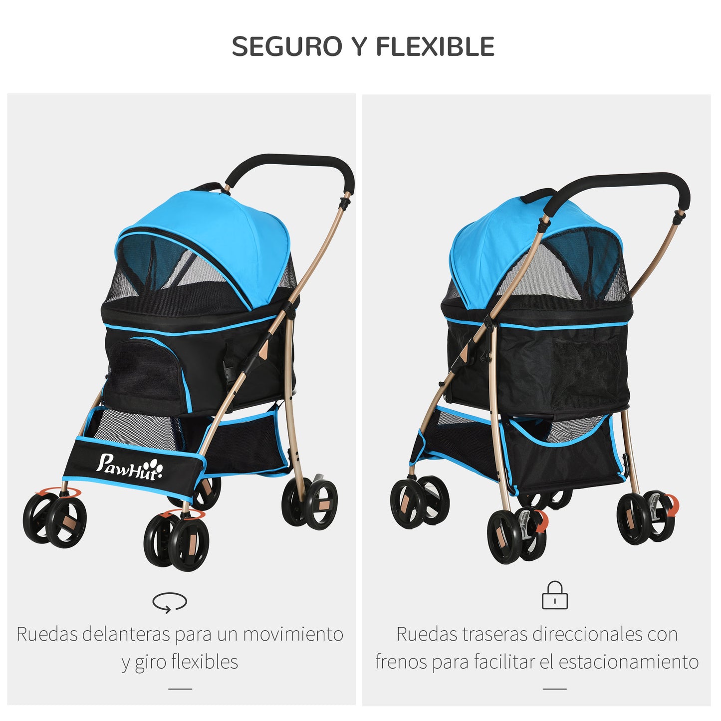 PawHut Carrito para Perros Plegable 3 en 1 Cochecito para Mascotas Carrito para Perros Pequeños con Vagón Desmontable Cesta de Almacenaje Correas de Seguridad y Cojín Azul