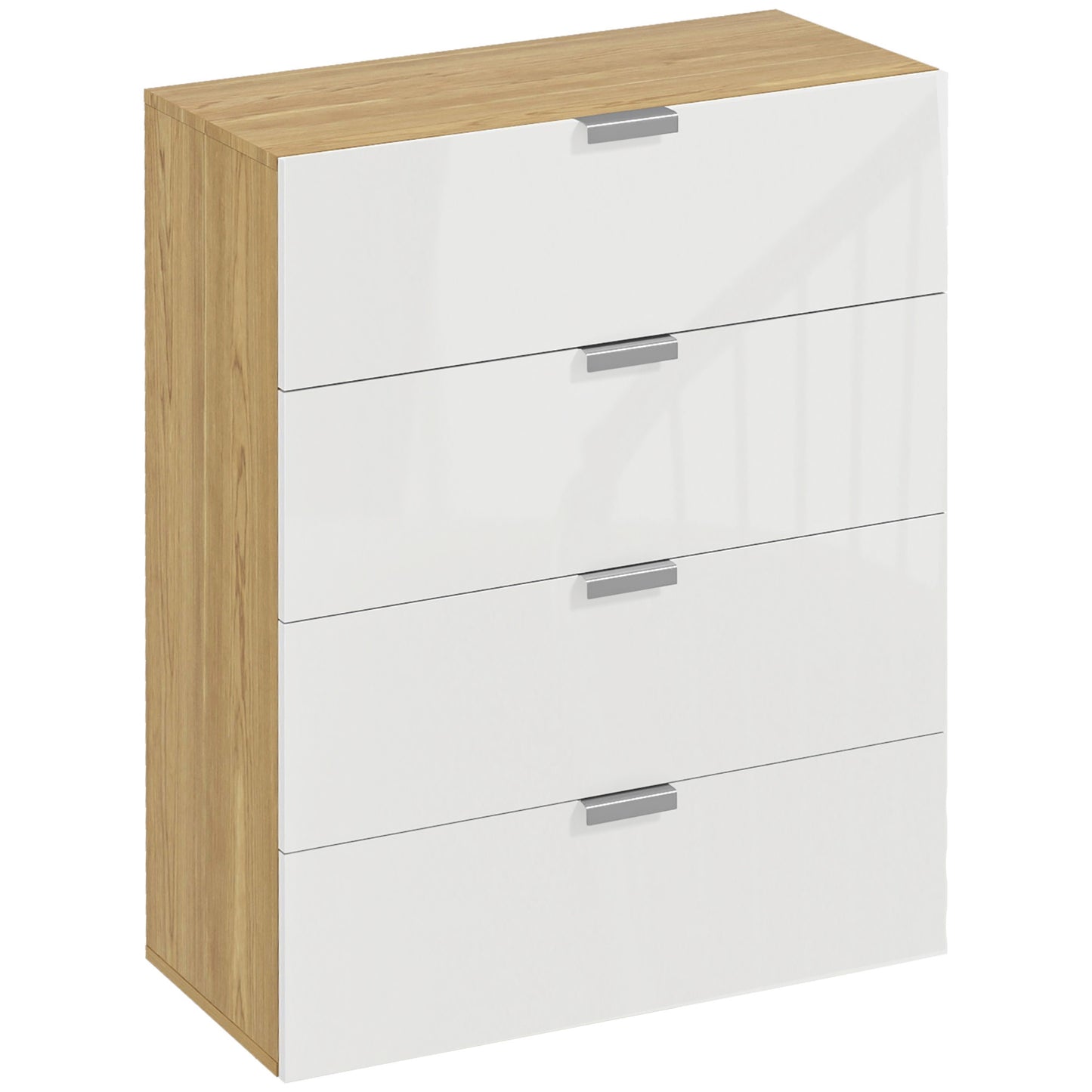 HOMCOM Cómoda con 4 Cajones de Alto Brillo Cajonera de Madera para Dormitorio Salón Oficina Estilo Moderno 70x35x92 cm Blanco y Natural